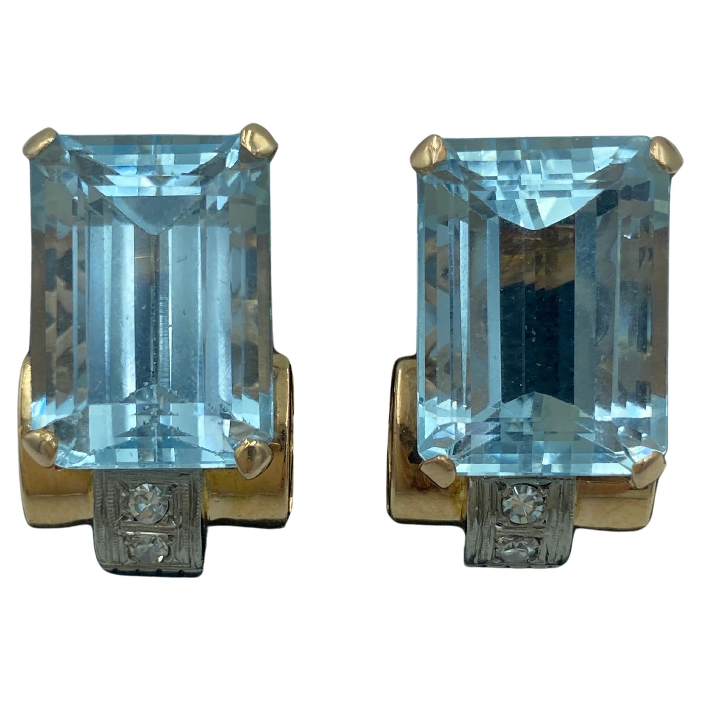Boucles d'oreilles en or 18 carats aigue-marine et diamants des années 1950