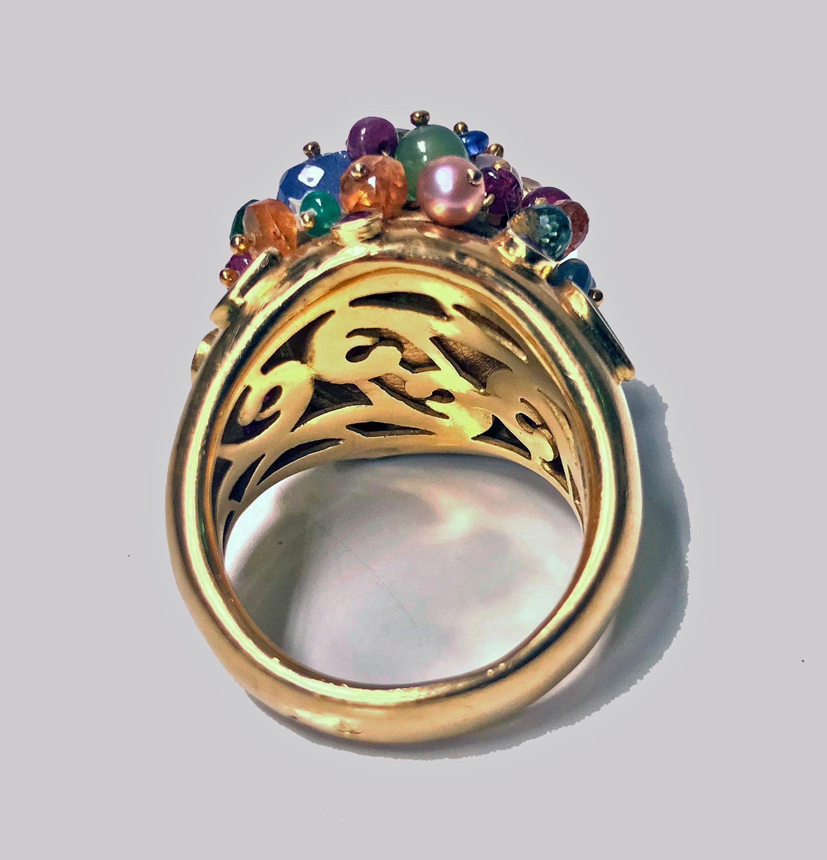 Gold 1950s French 18-Karat Multi Gem Tutti Frutti Dome Cocktail Ring