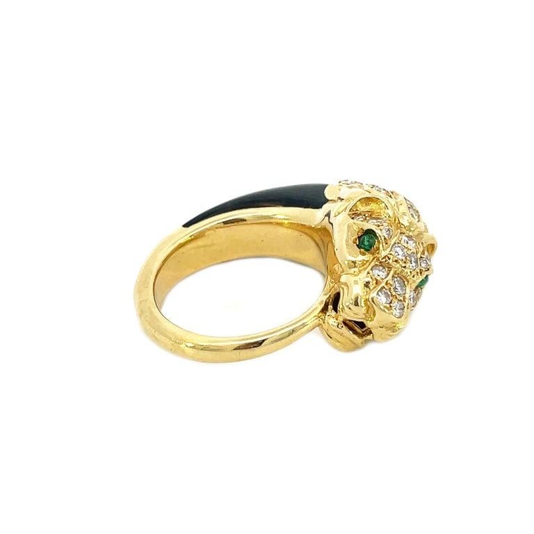 Round Cut 1950s, French 18K Yellow Gold Diamond & Black Jade Panther Ring For Sale