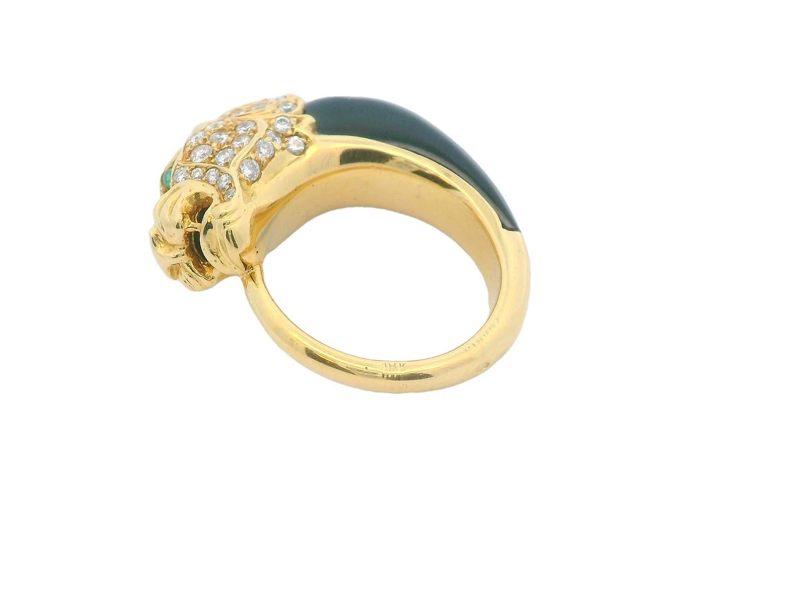 Women's 1950s French 18K Yellow Gold Diamond & Black Jade Panther Ring For Sale