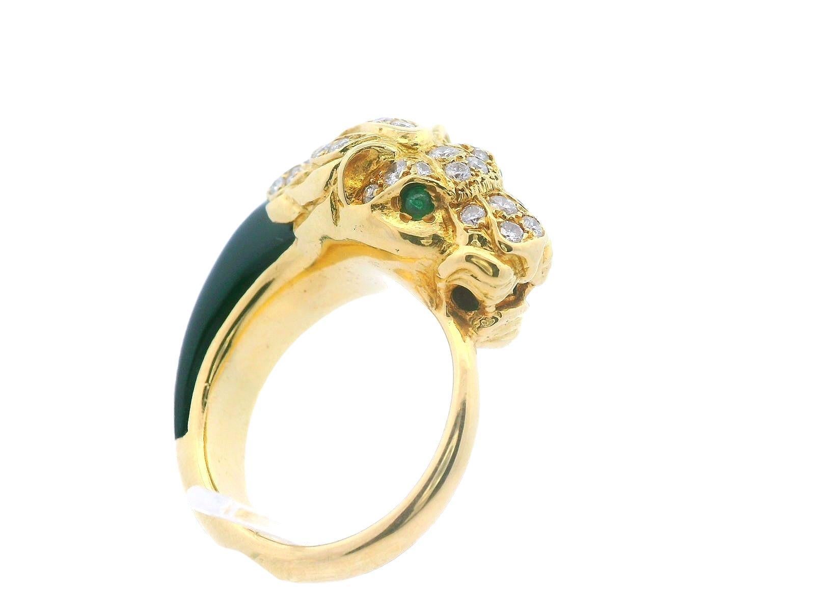 1950s French 18K Yellow Gold Diamond & Black Jade Panther Ring For Sale 1