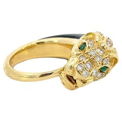 1950s, French 18K Yellow Gold Diamond & Black Jade Panther Ring