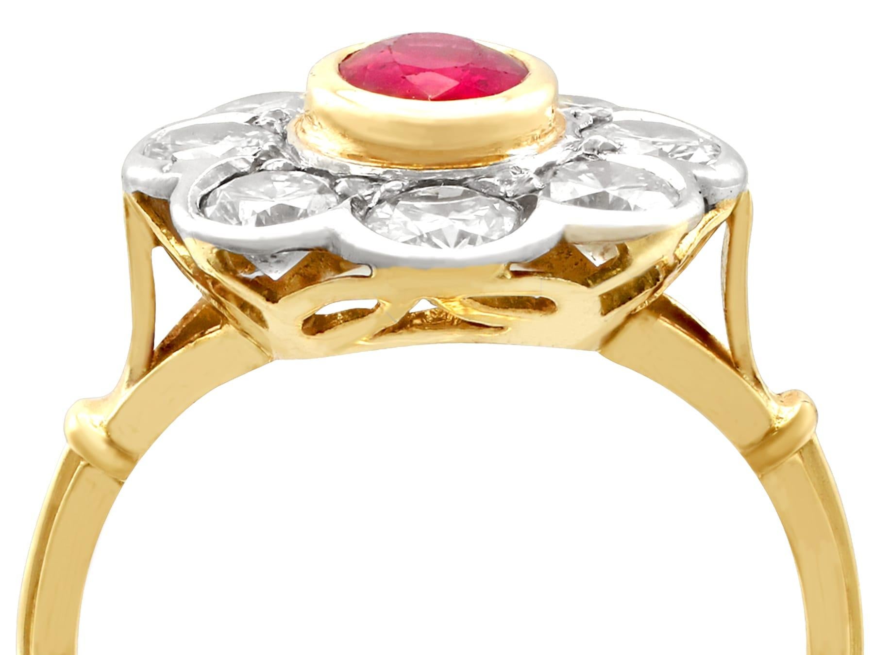 A fine and impressive vintage French 2.05 carat diamond, ruby coloured doublet (artificial) and 18k yellow gold, 18k white gold set cluster ring; part of our vintage jewelry and estate jewelry collections.

This fine French vintage cluster ring been