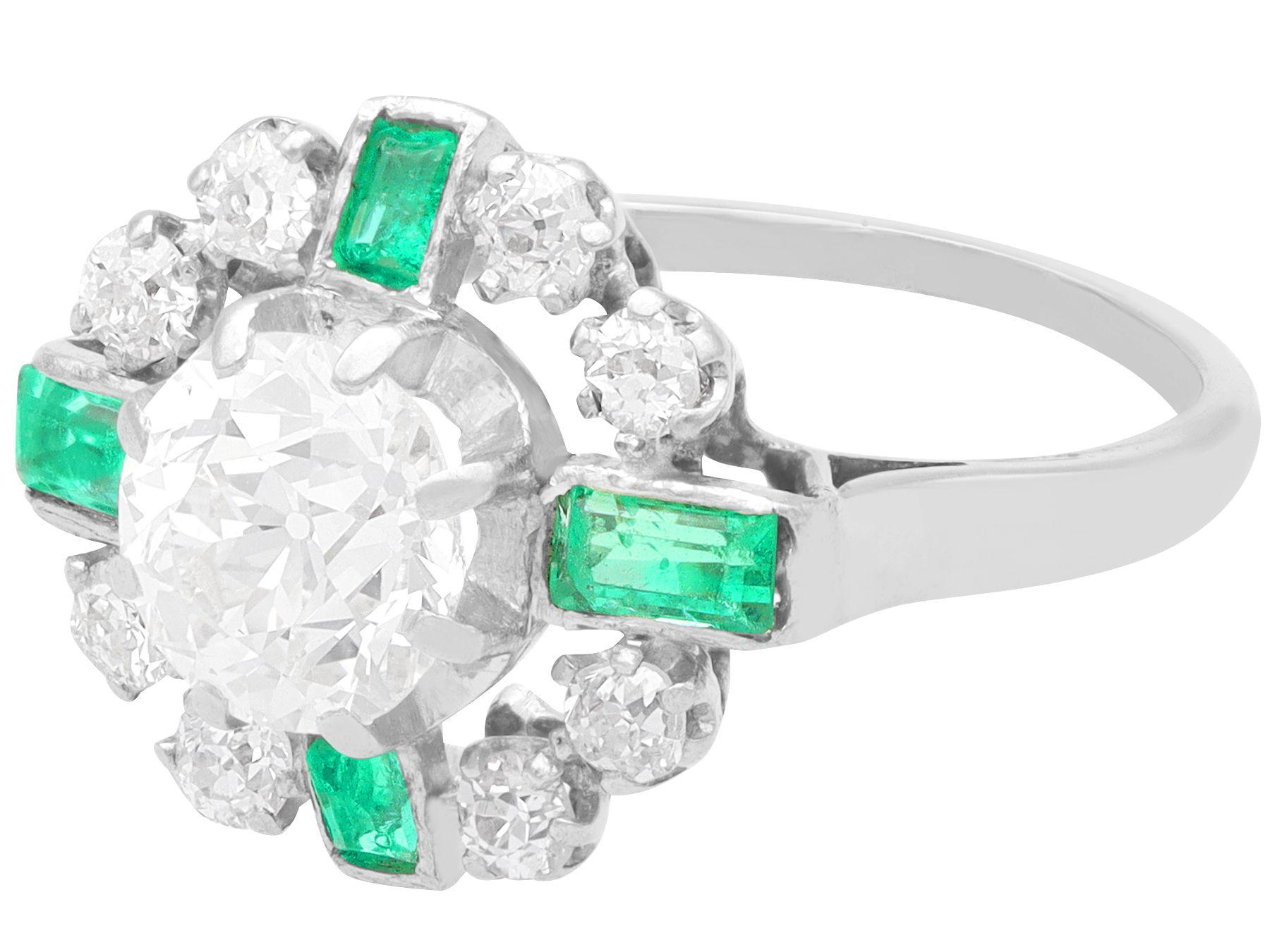 Old European Cut 1950s French 2.06 Carat Diamond and Emerald White Gold Cocktail Ring For Sale