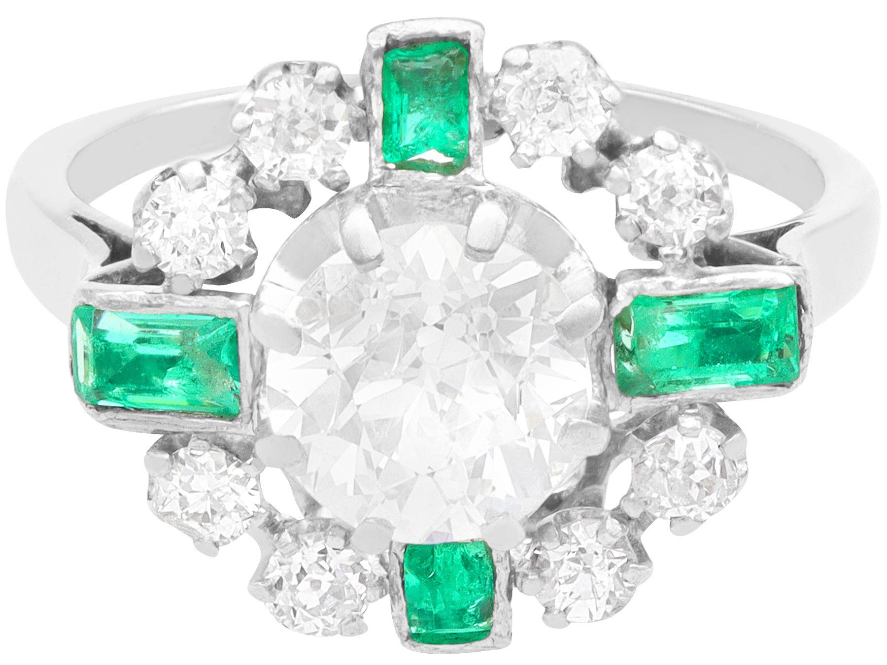 1950s French 2.06 Carat Diamond and Emerald White Gold Cocktail Ring In Excellent Condition For Sale In Jesmond, Newcastle Upon Tyne