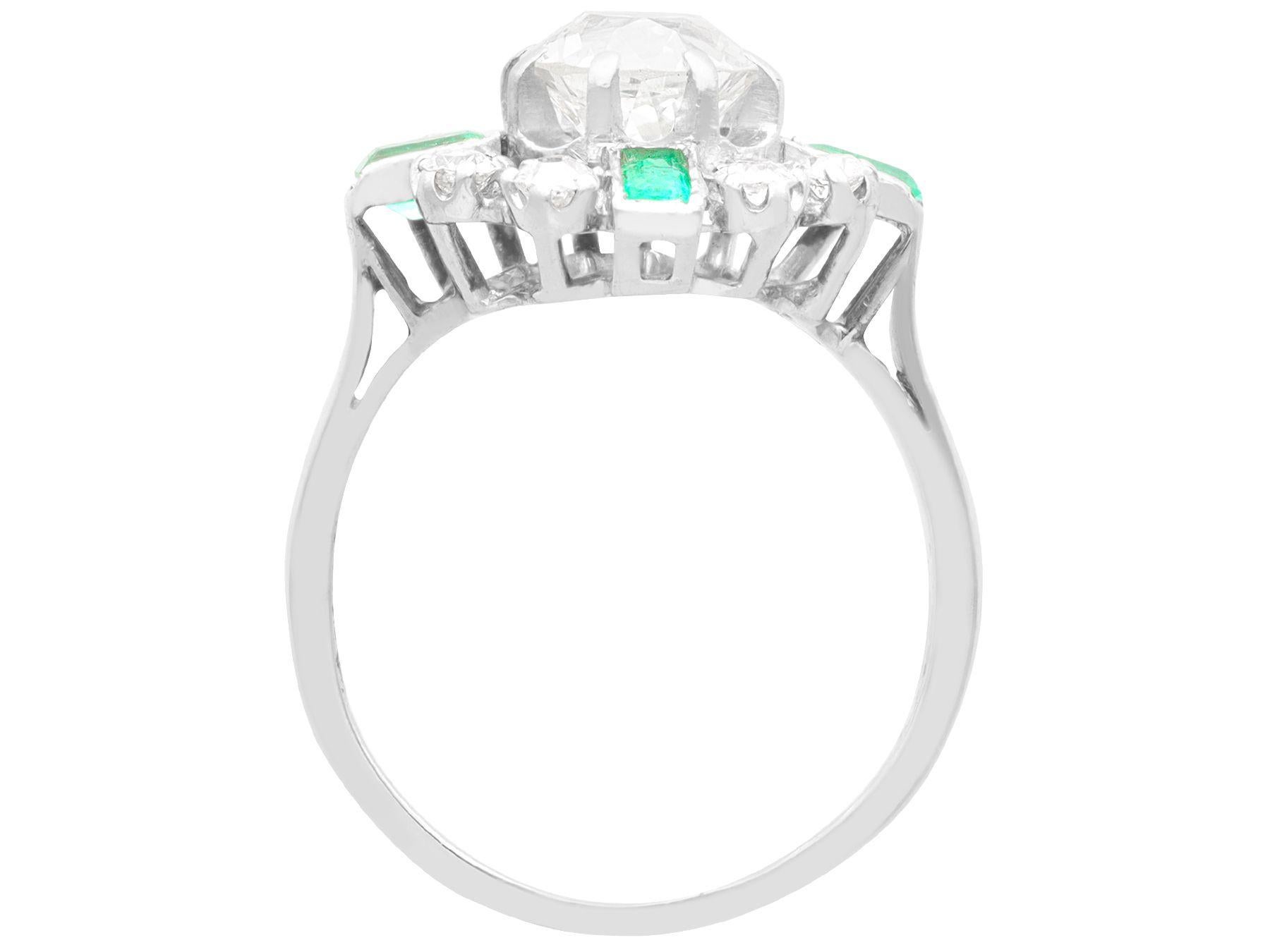 1950s French 2.06 Carat Diamond and Emerald White Gold Cocktail Ring For Sale 2
