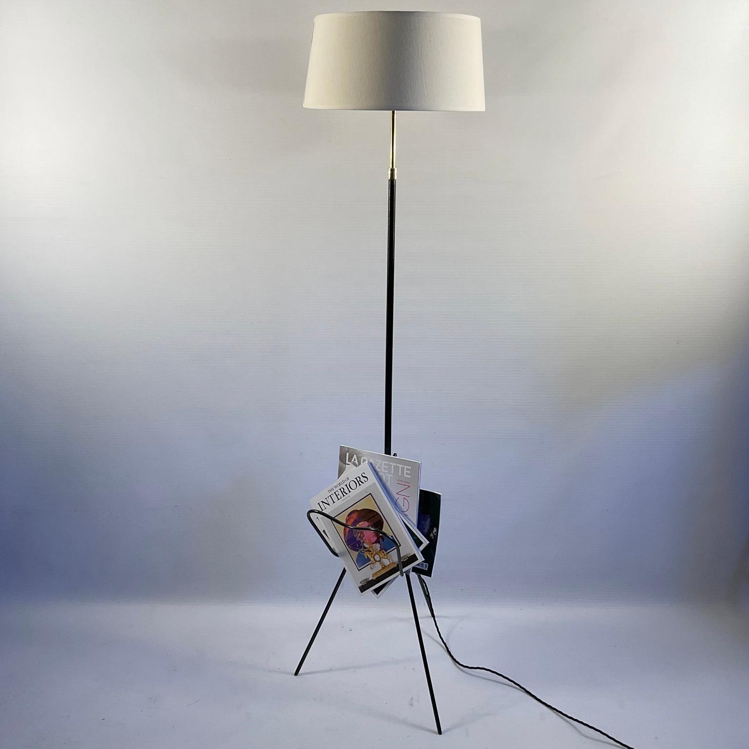 Metalwork 1950s Adjustable Iron and Brass Floor Lamp with Magazine Rack