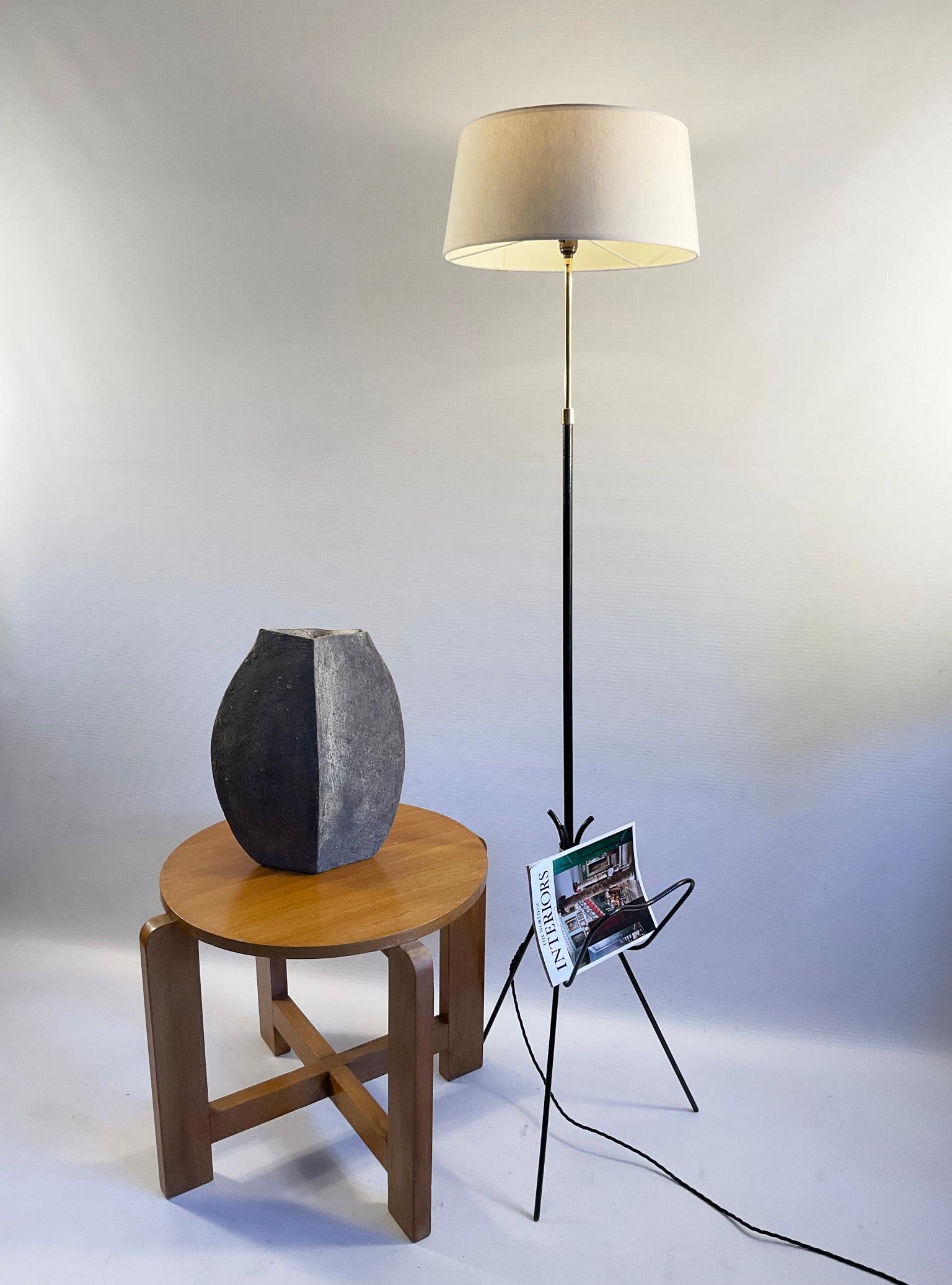 20th Century 1950s Adjustable Iron and Brass Floor Lamp with Magazine Rack