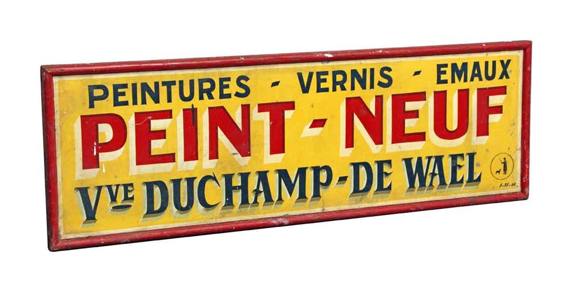 1950s French yellow, red and black metal Peint-Neuf sign. Signs advertises for paintings, varnish, and enamels. Shows wear form age and use. This can be seen at our 302 Bowery location in Manhattan.