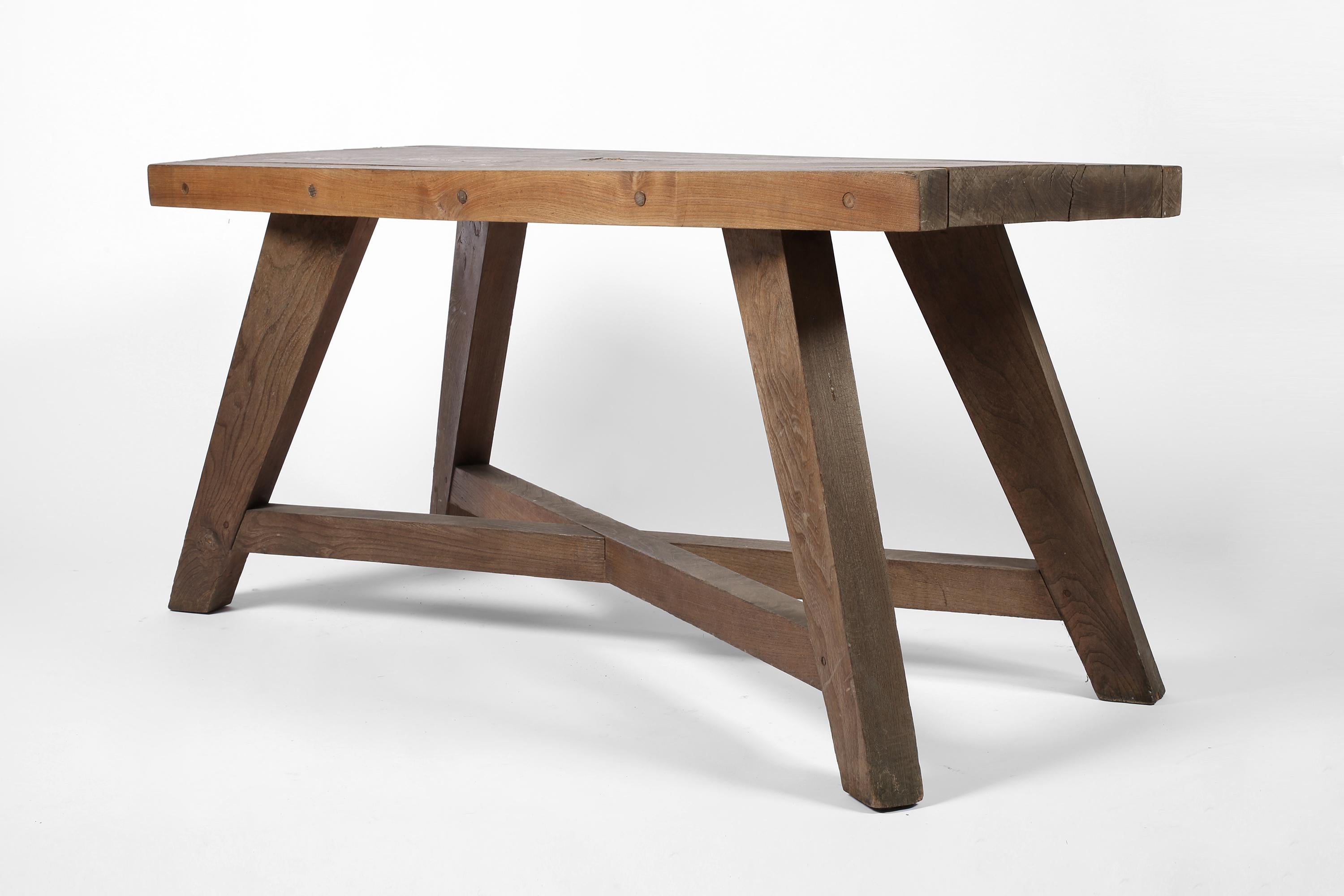 Mid-Century Modern 1950s French Architect Made Table in Weathered Elm For Sale