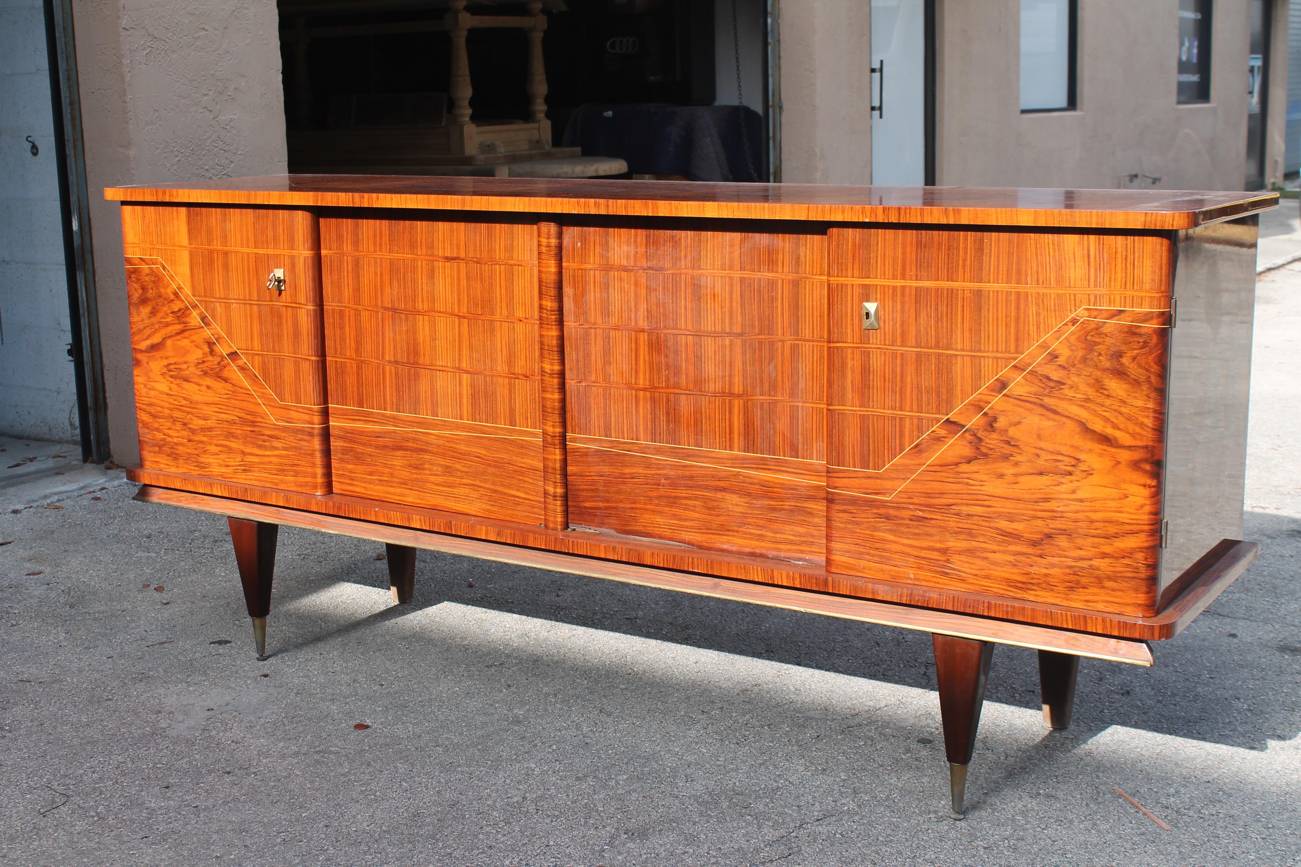 1950's French Art Deco/ Modern Exotic Walnut with Exotic Macassar Ebony Buffet/ Sideboard/ Credenza/ Dry Bar.  4 door/ Lemonwood interior with Bar station, shelves. French Estate.