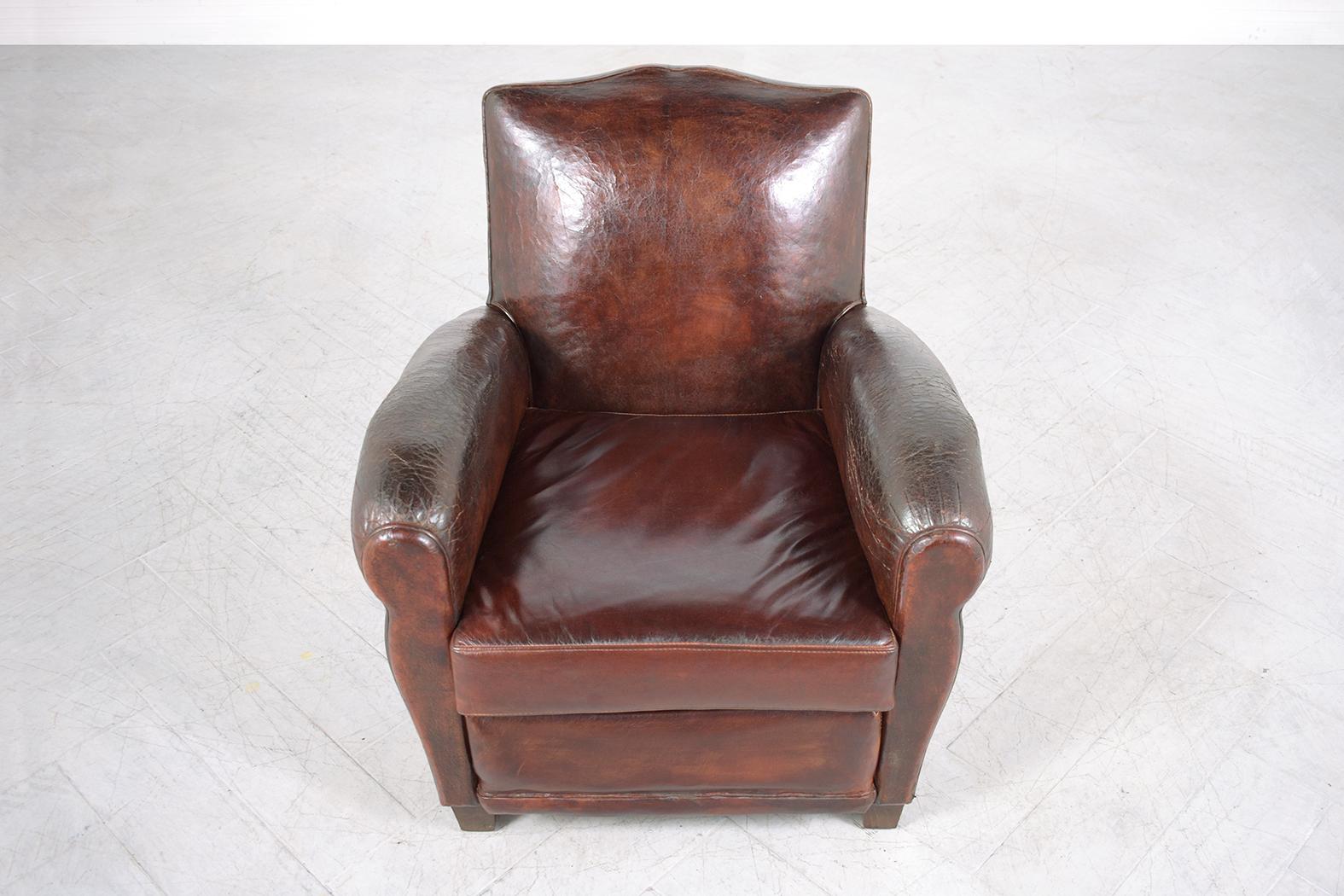 Carved 1950s French Art-Deco Leather Lounge Chair