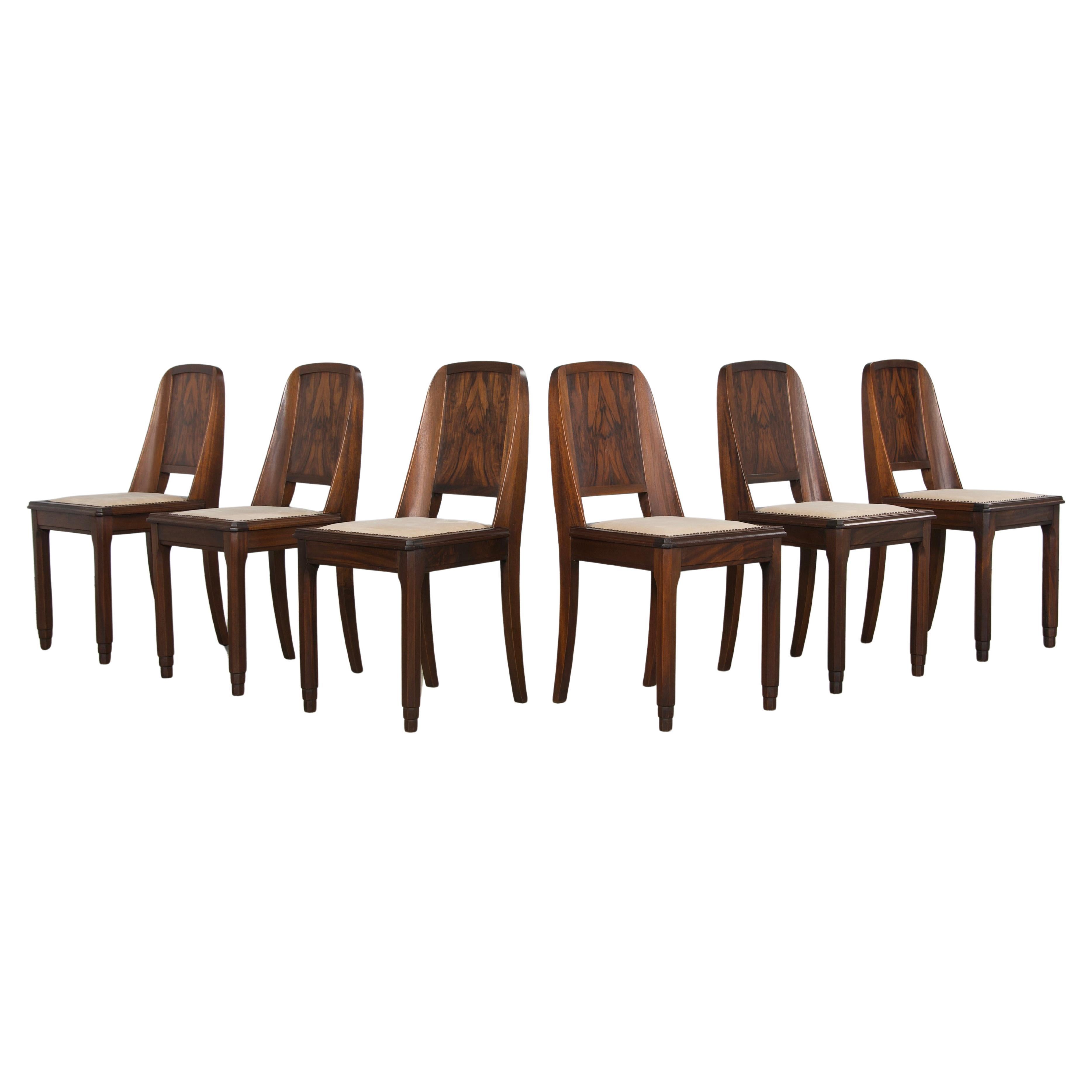 1950s French Art Deco Mahogany Dining Chairs W/ Beige Velvet - Set of 6