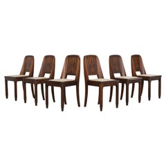 1950s French Art Deco Mahogany Dining Chairs W/ Beige Velvet - Set of 6