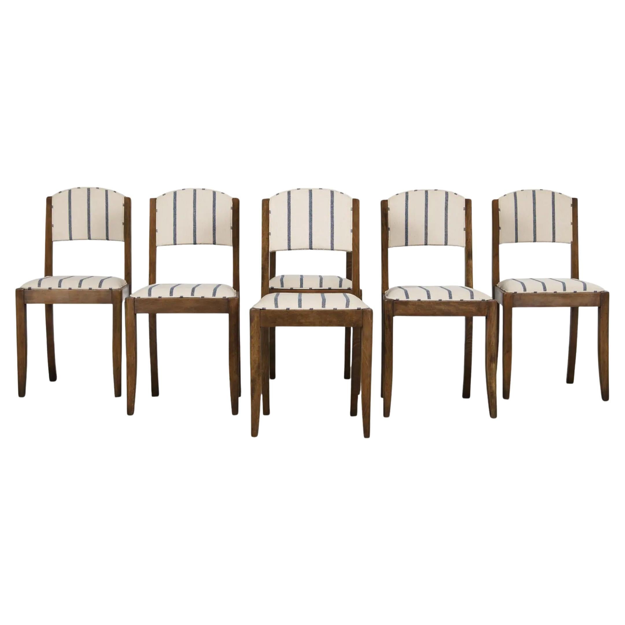 1950s French Art Deco Maple Dining Chairs in Striped Fabric - Set of 6