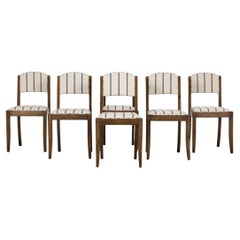 Vintage 1950s French Art Deco Maple Dining Chairs in Striped Fabric - Set of 6