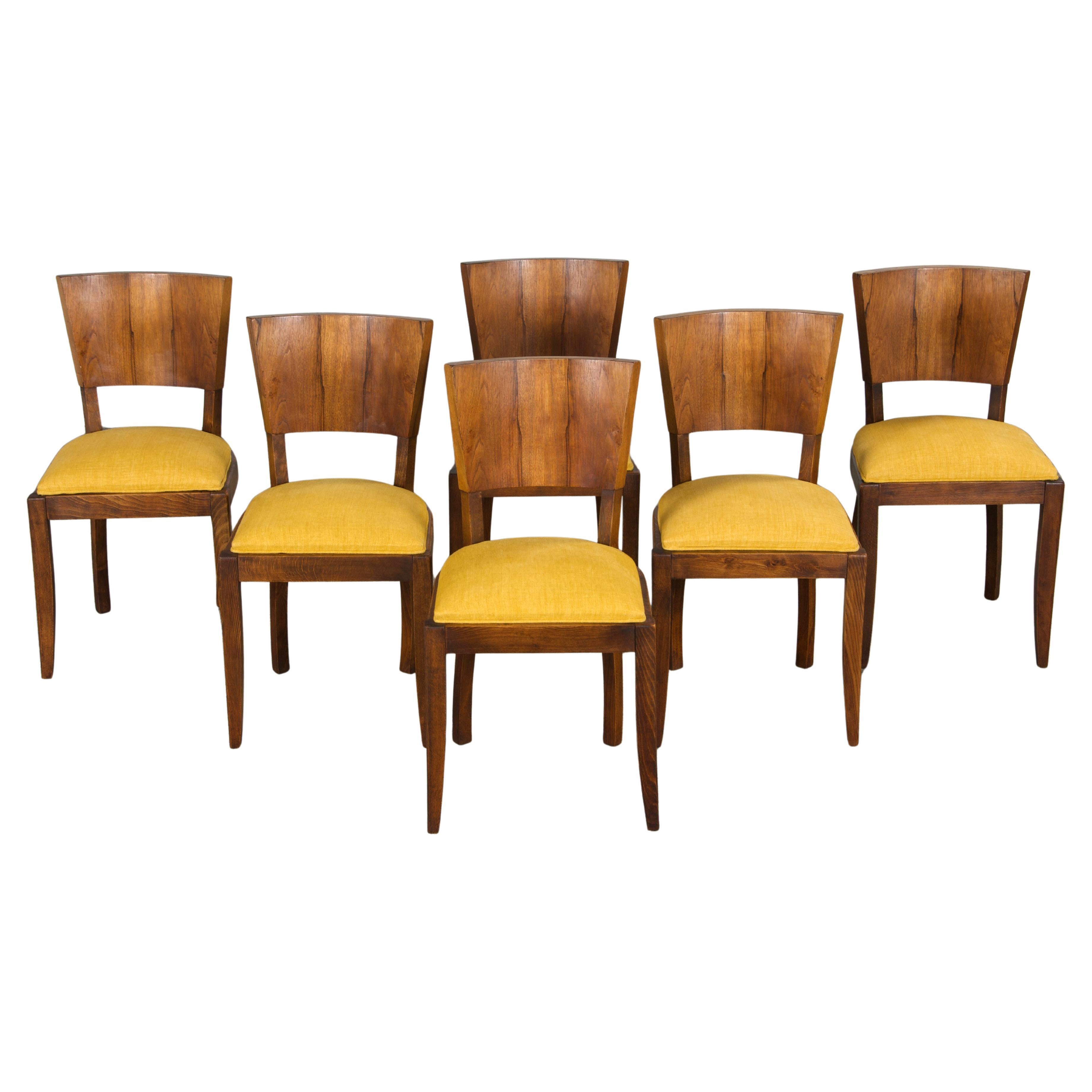 1950s French Art Deco Maple Dining Chairs In Yolk Linen - Set of 6