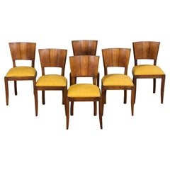 1950s French Art Deco Maple Dining Chairs In Yolk Linen - Set von 6