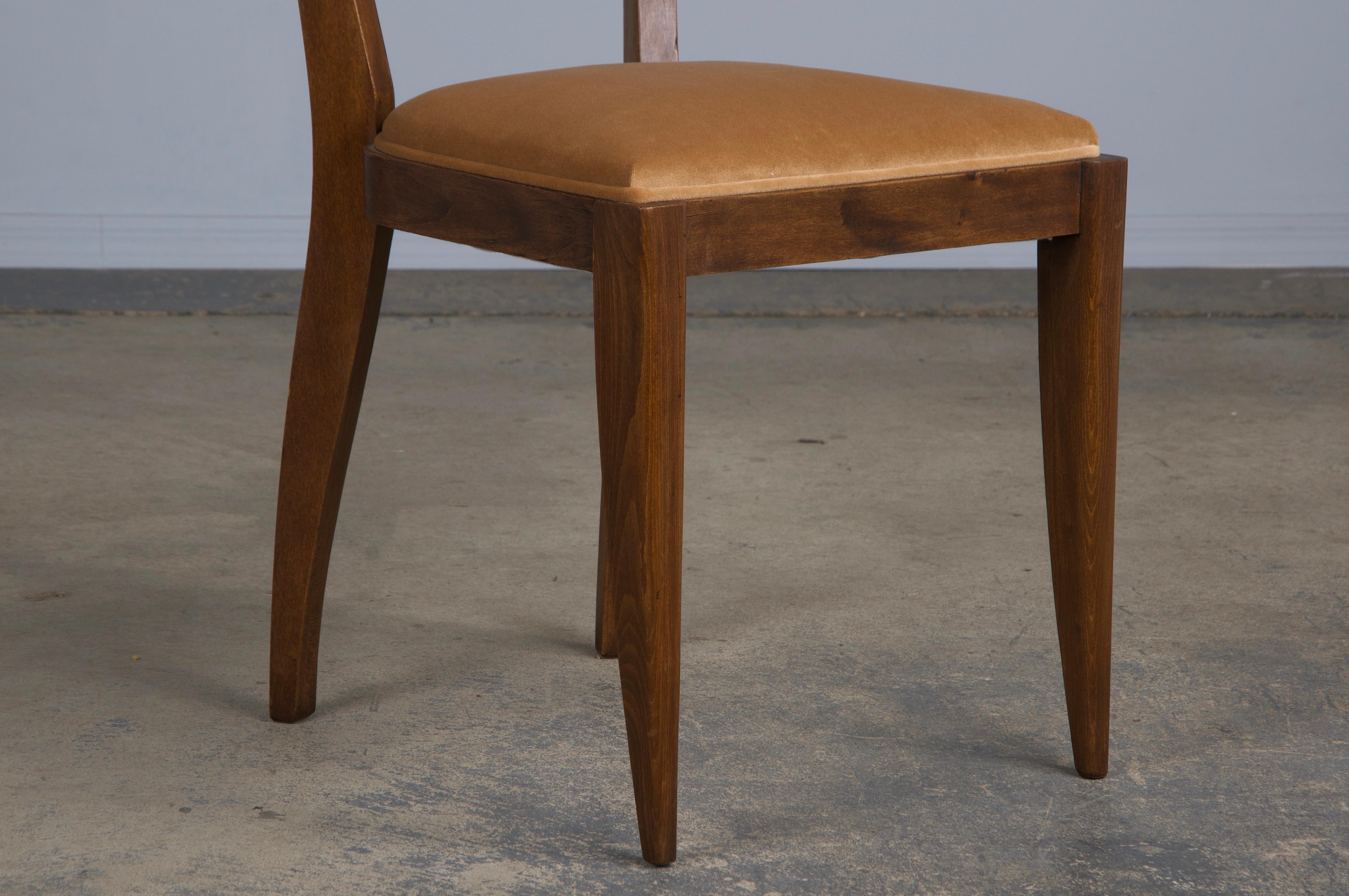 1950s French Art Deco Maple Dining Chairs W/ Beige Velvet - Set of 6 5