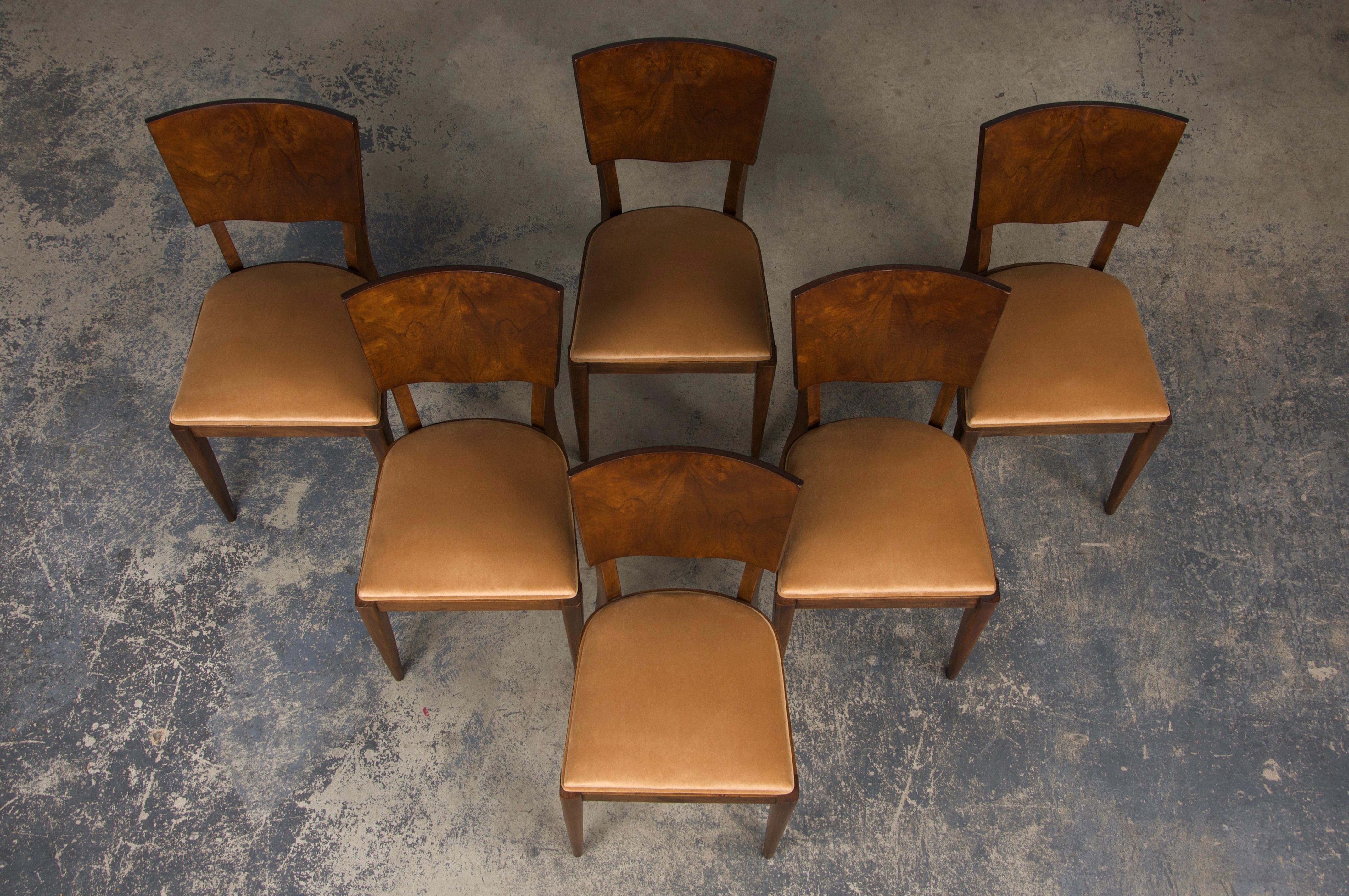 Hand-Carved 1950s French Art Deco Maple Dining Chairs W/ Beige Velvet - Set of 6