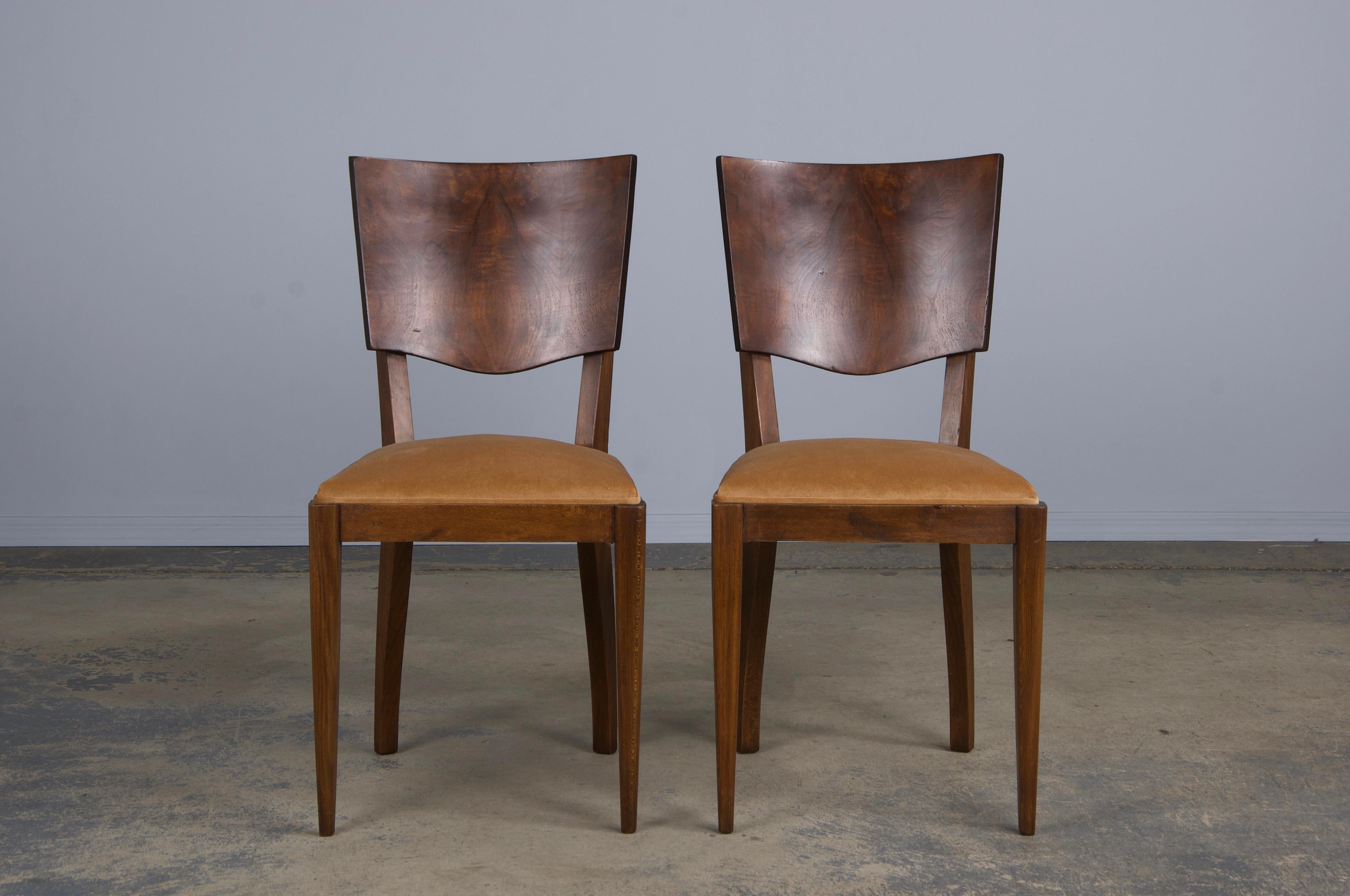 20th Century 1950s French Art Deco Maple Dining Chairs W/ Beige Velvet - Set of 6