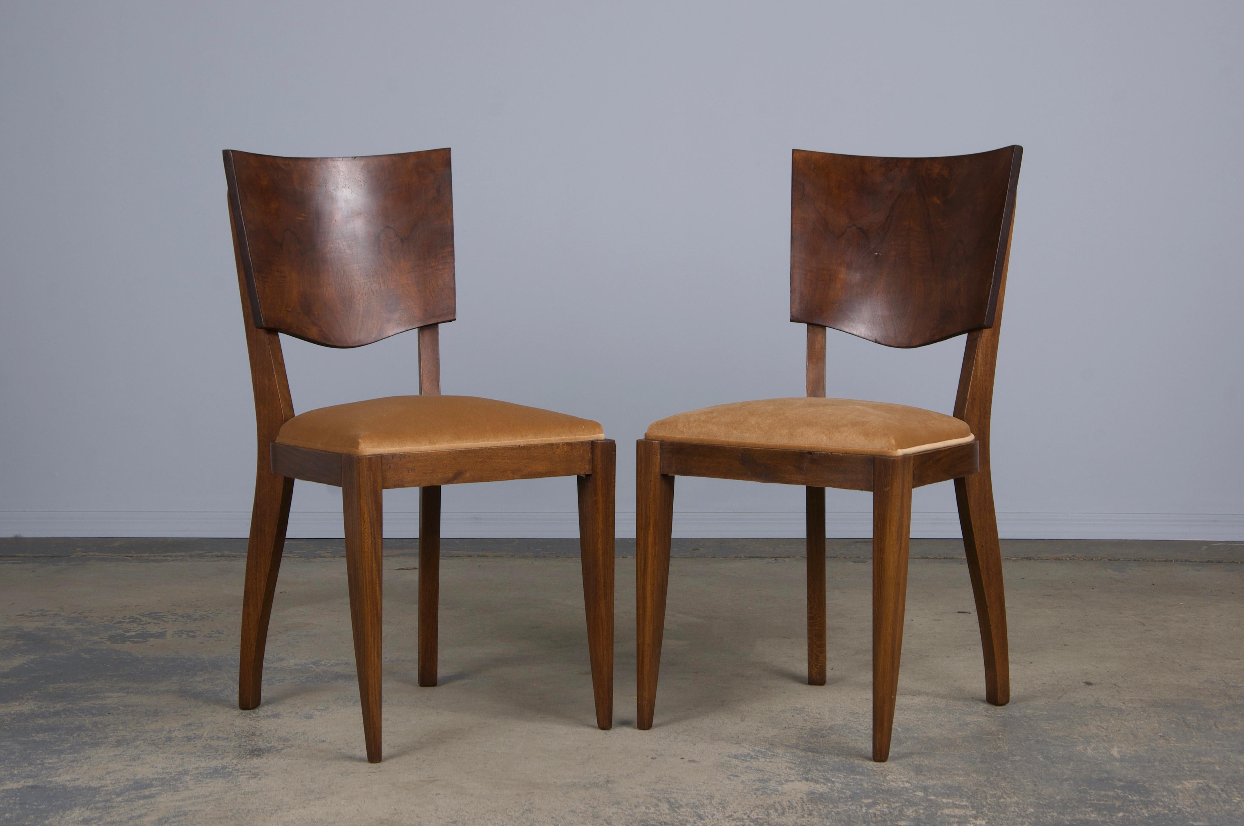 1950s French Art Deco Maple Dining Chairs W/ Beige Velvet - Set of 6 1