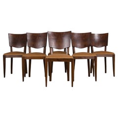 1950s French Art Deco Maple Dining Chairs W/ Beige Velvet - Set of 6