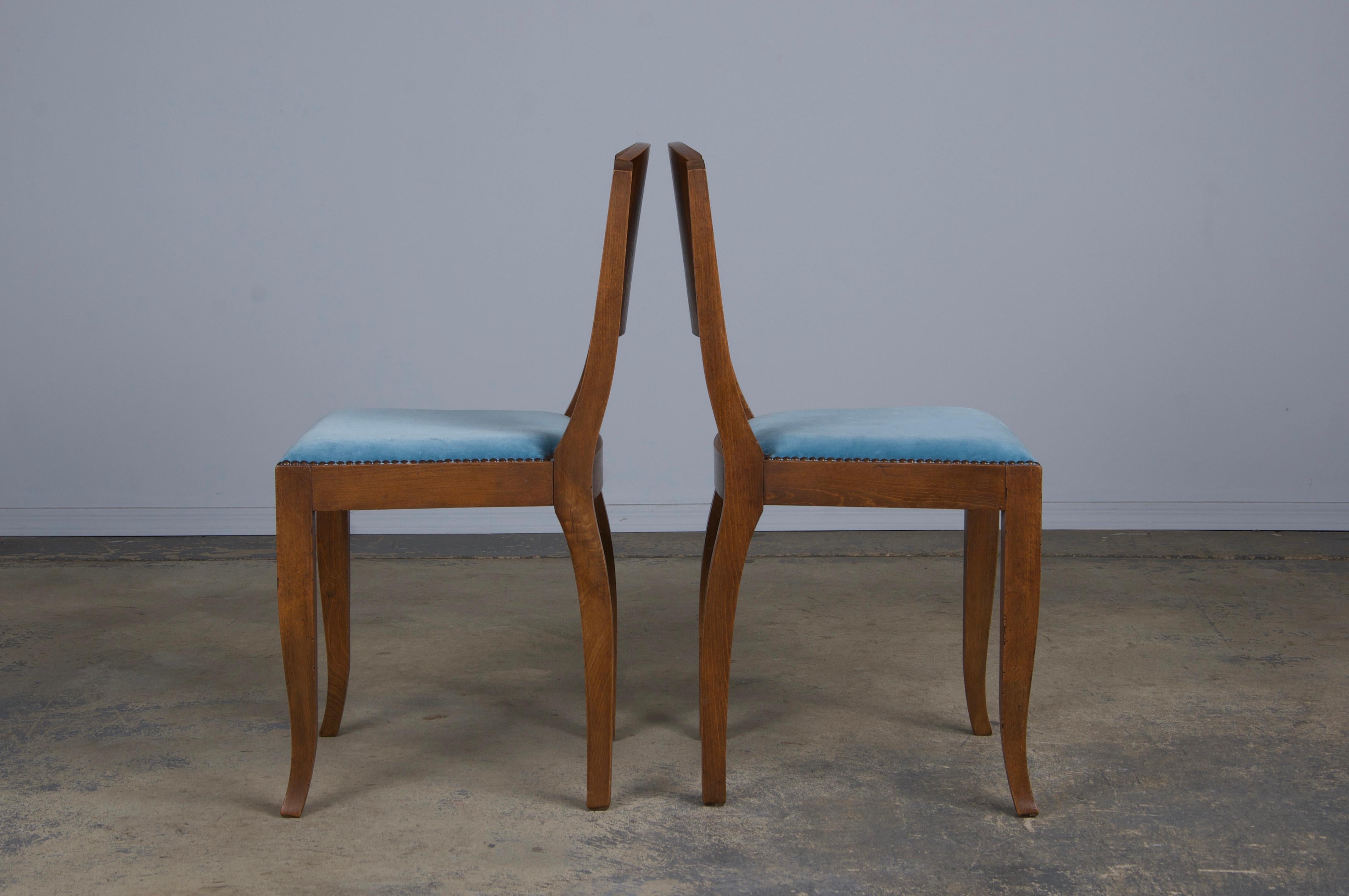 1950s French Art Deco Maple Dining Chairs W/ Blue Velvet - Set of 6 For Sale 6