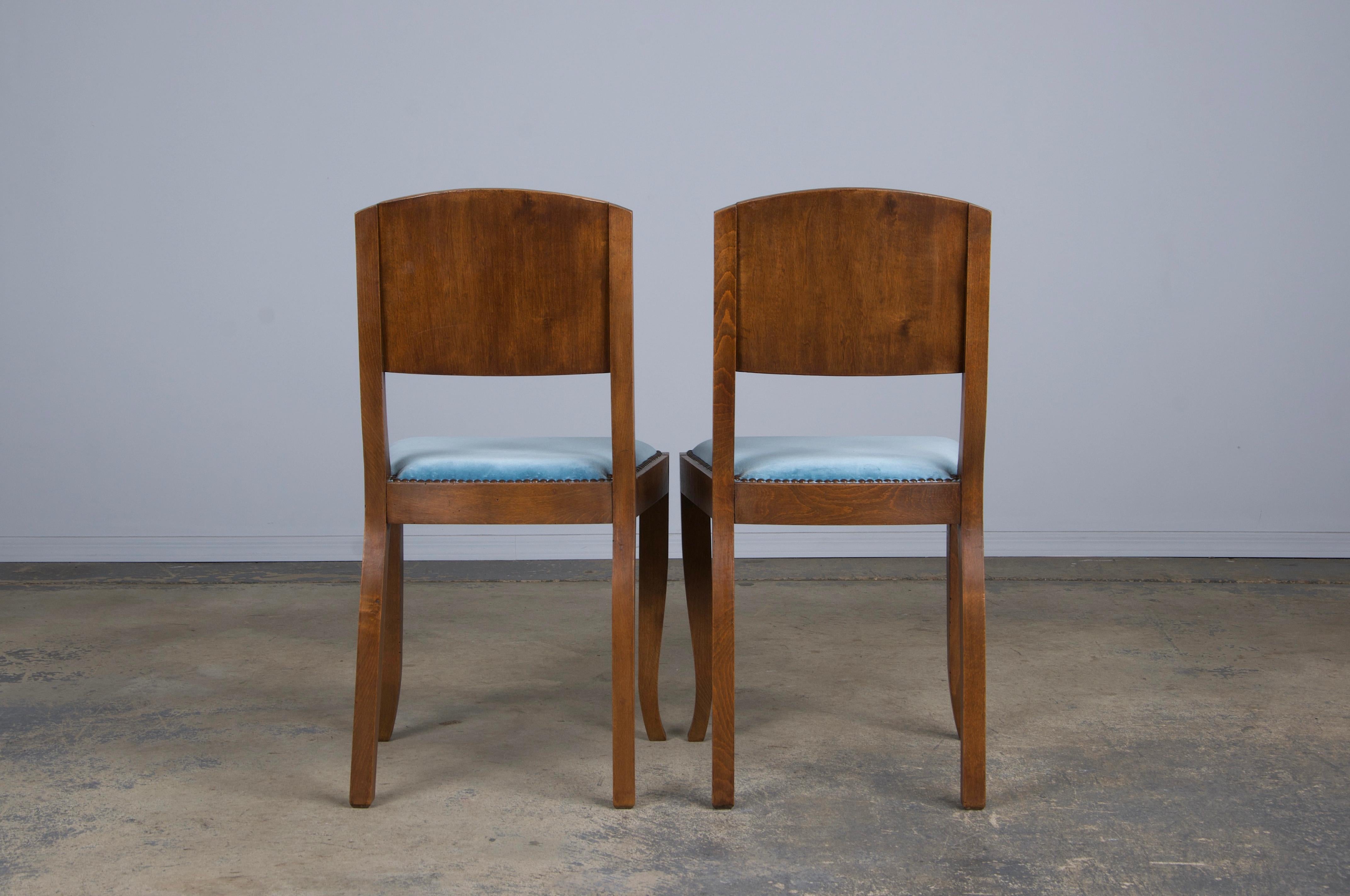 1950s French Art Deco Maple Dining Chairs W/ Blue Velvet - Set of 6 For Sale 11