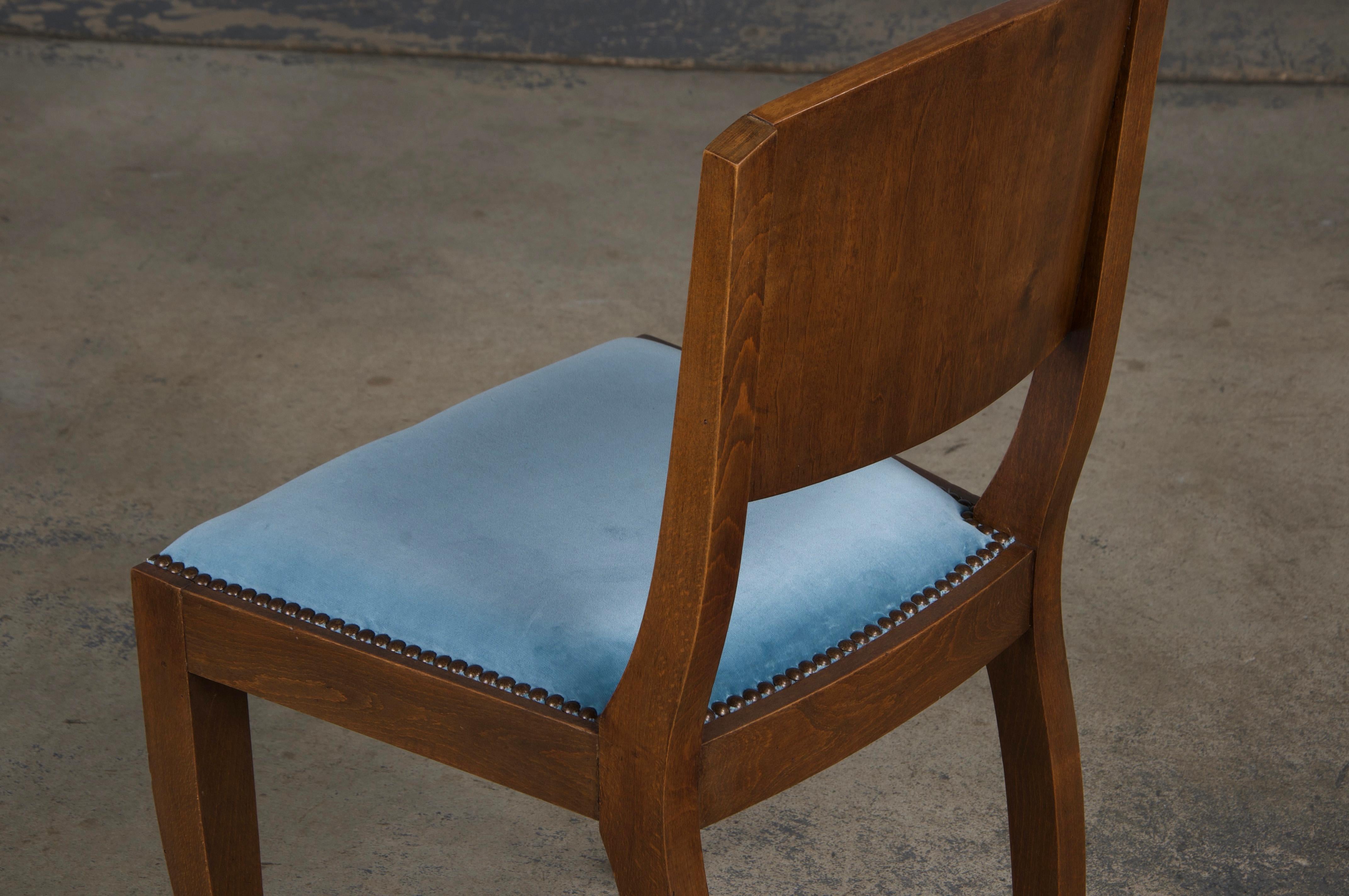 1950s French Art Deco Maple Dining Chairs W/ Blue Velvet - Set of 6 For Sale 12