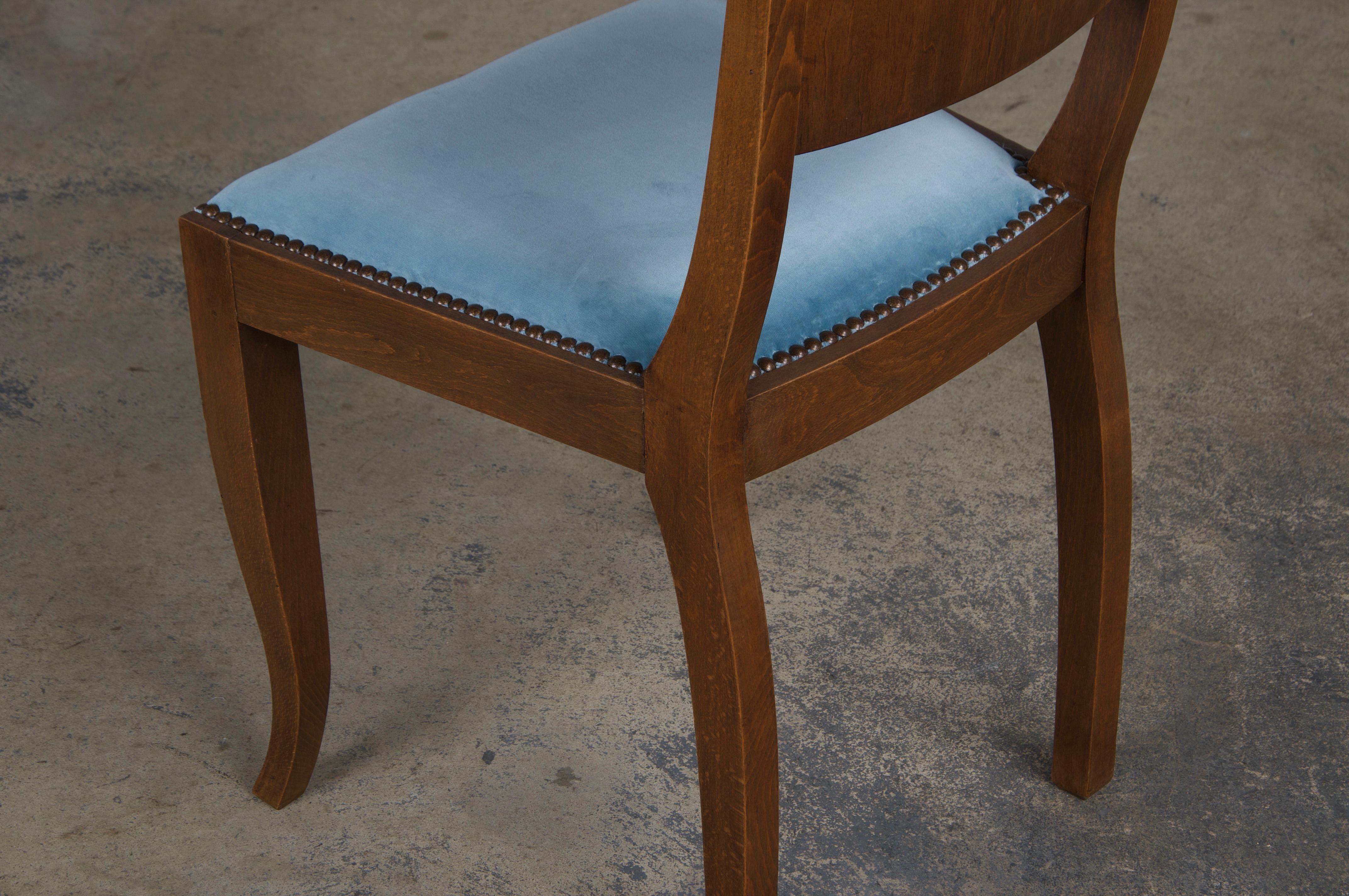 1950s French Art Deco Maple Dining Chairs W/ Blue Velvet - Set of 6 For Sale 13