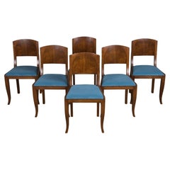 1950s French Art Deco Maple Dining Chairs W/ Blue Velvet - Set of 6