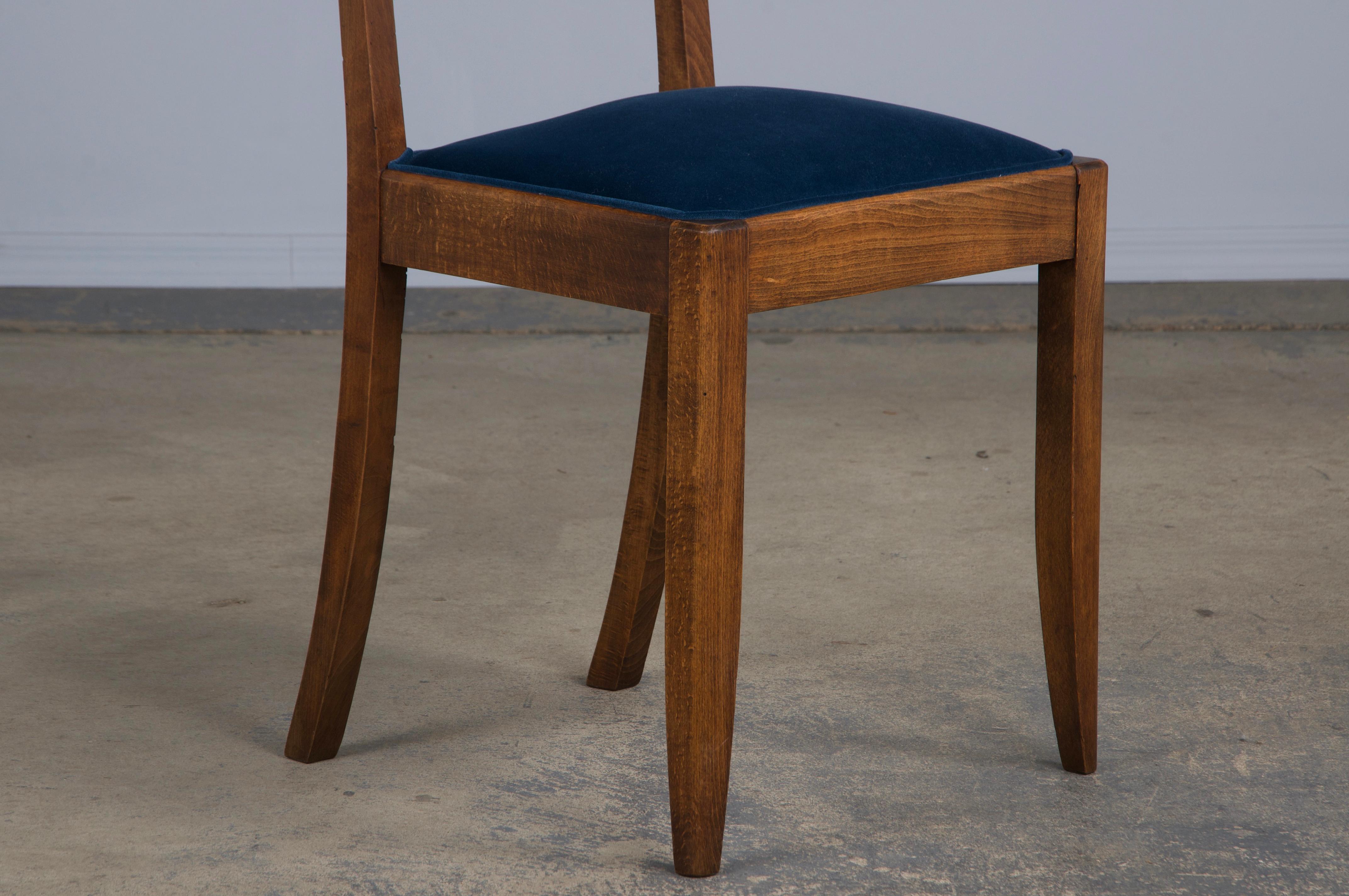 1950s French Art Deco Maple Dining Chairs W/ Dark Blue Velvet - Set of 6 5