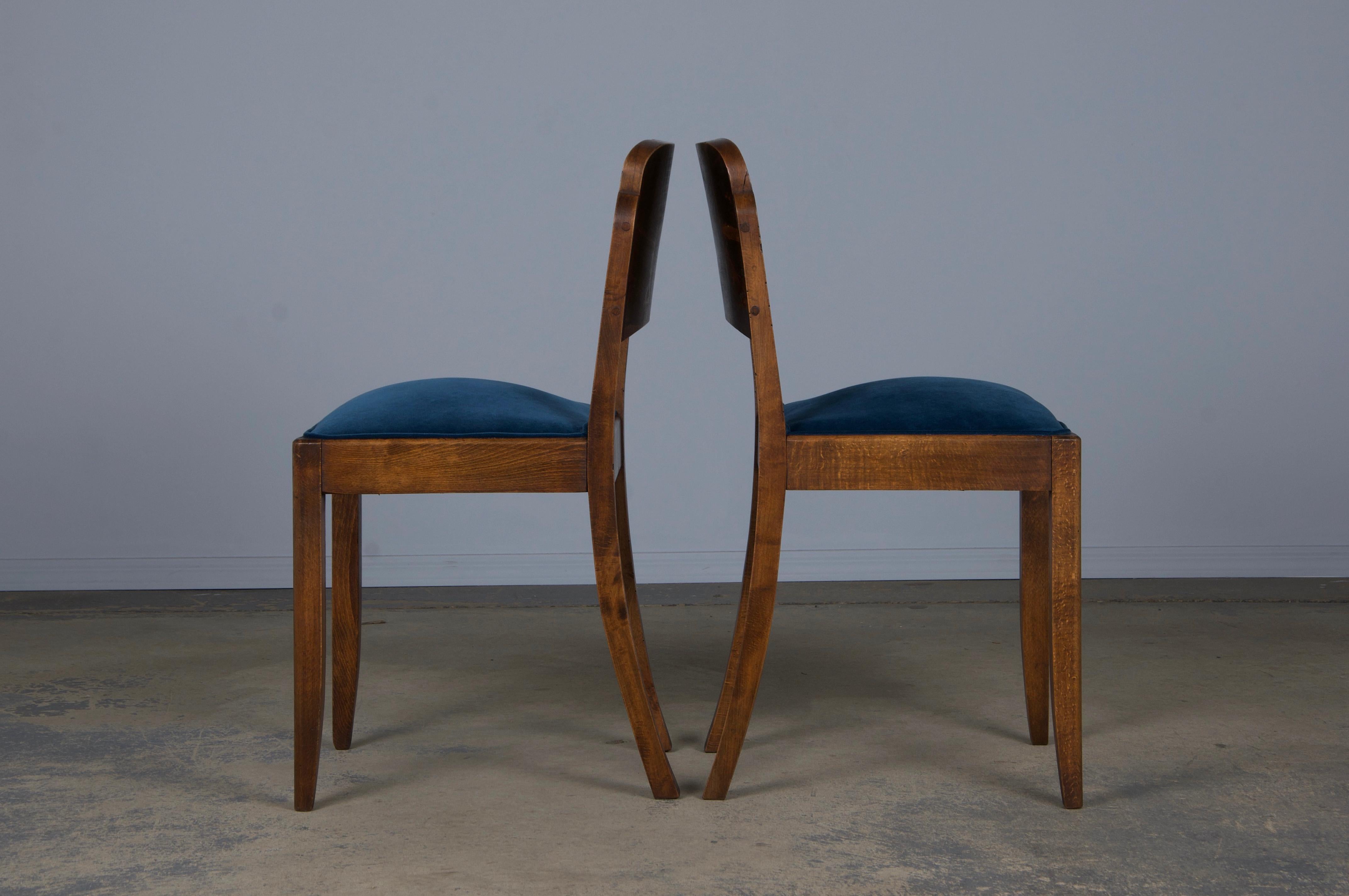 1950s French Art Deco Maple Dining Chairs W/ Dark Blue Velvet - Set of 6 6