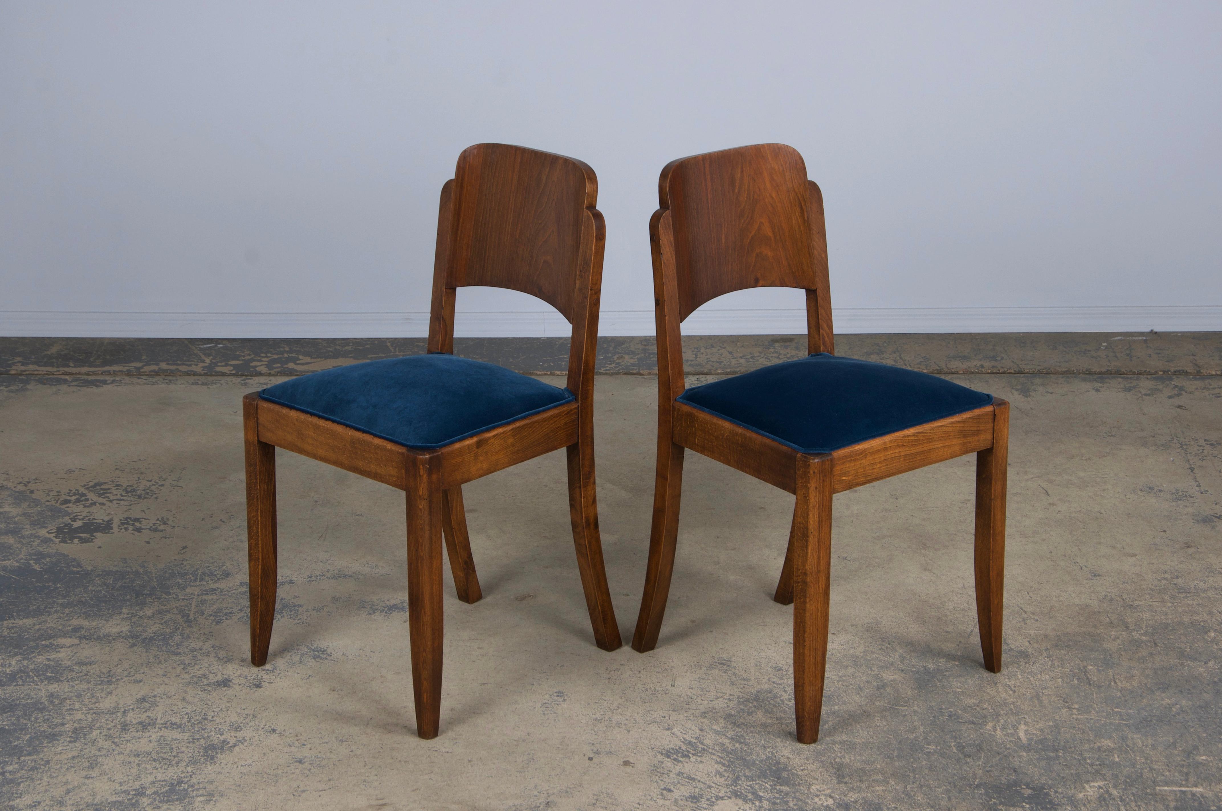 1950s French Art Deco Maple Dining Chairs W/ Dark Blue Velvet - Set of 6 7