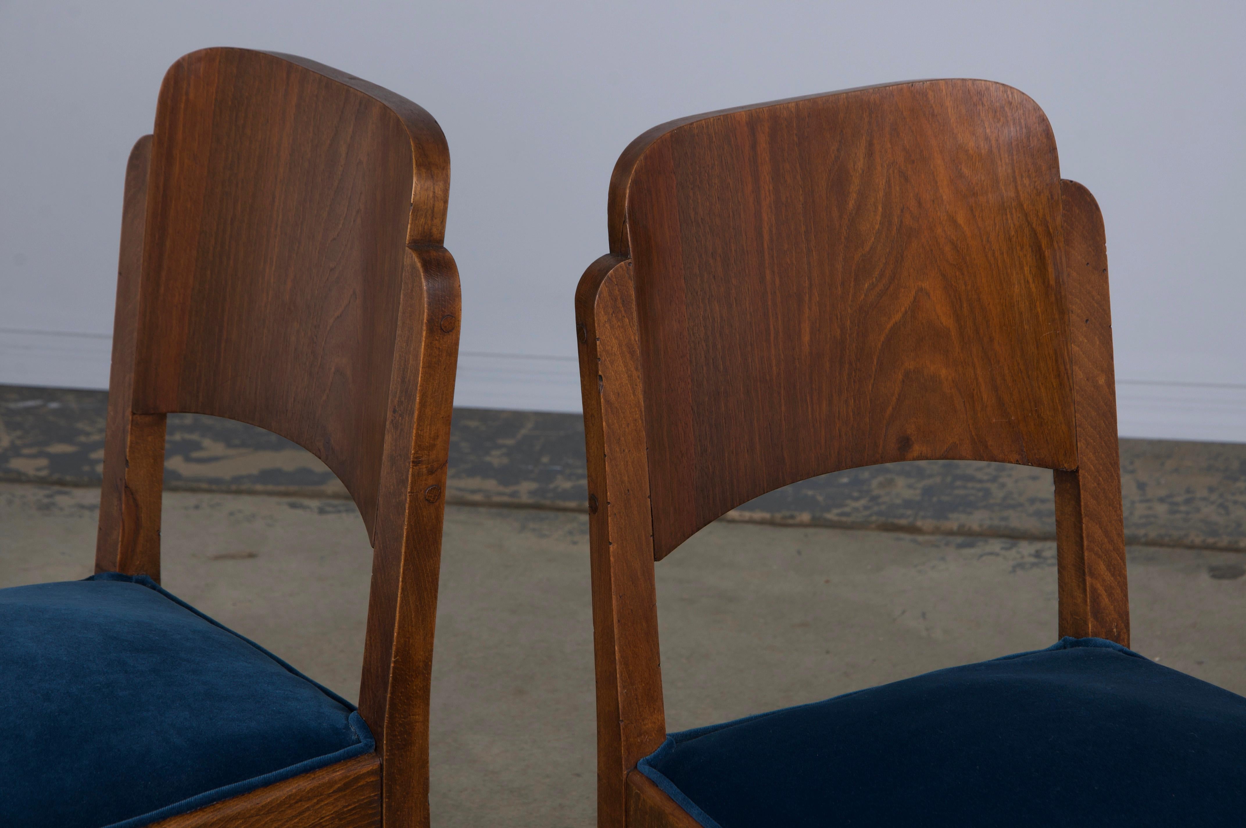 1950s French Art Deco Maple Dining Chairs W/ Dark Blue Velvet - Set of 6 8