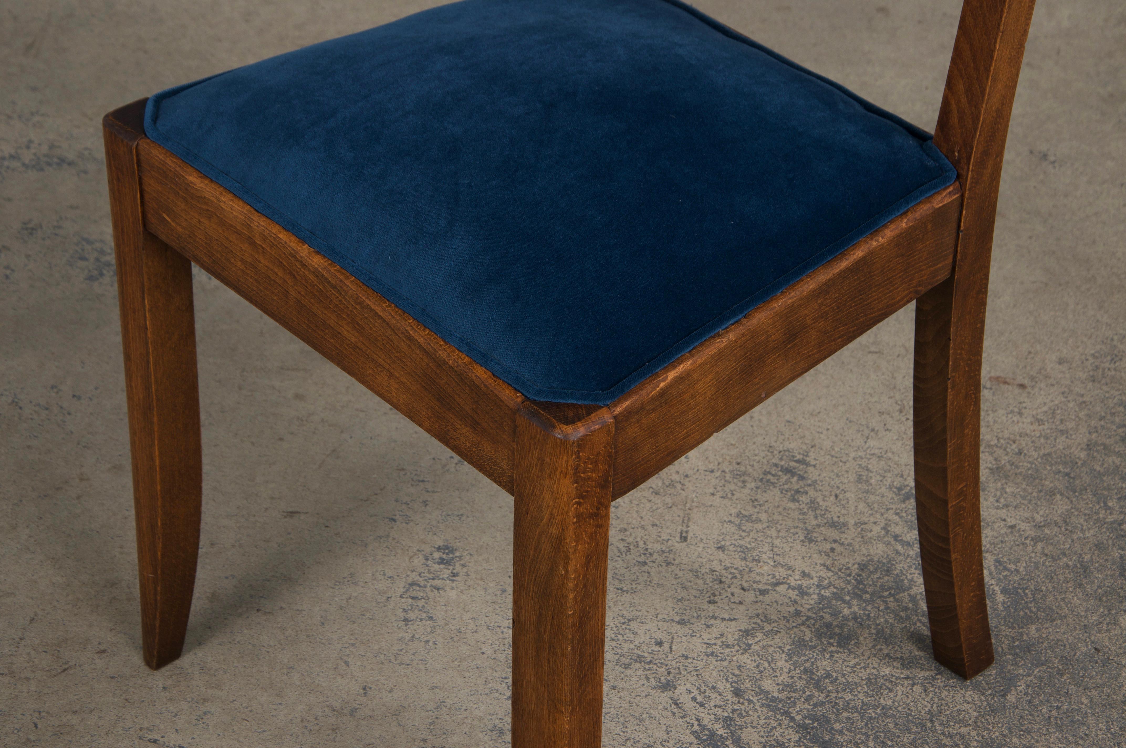 1950s French Art Deco Maple Dining Chairs W/ Dark Blue Velvet - Set of 6 9
