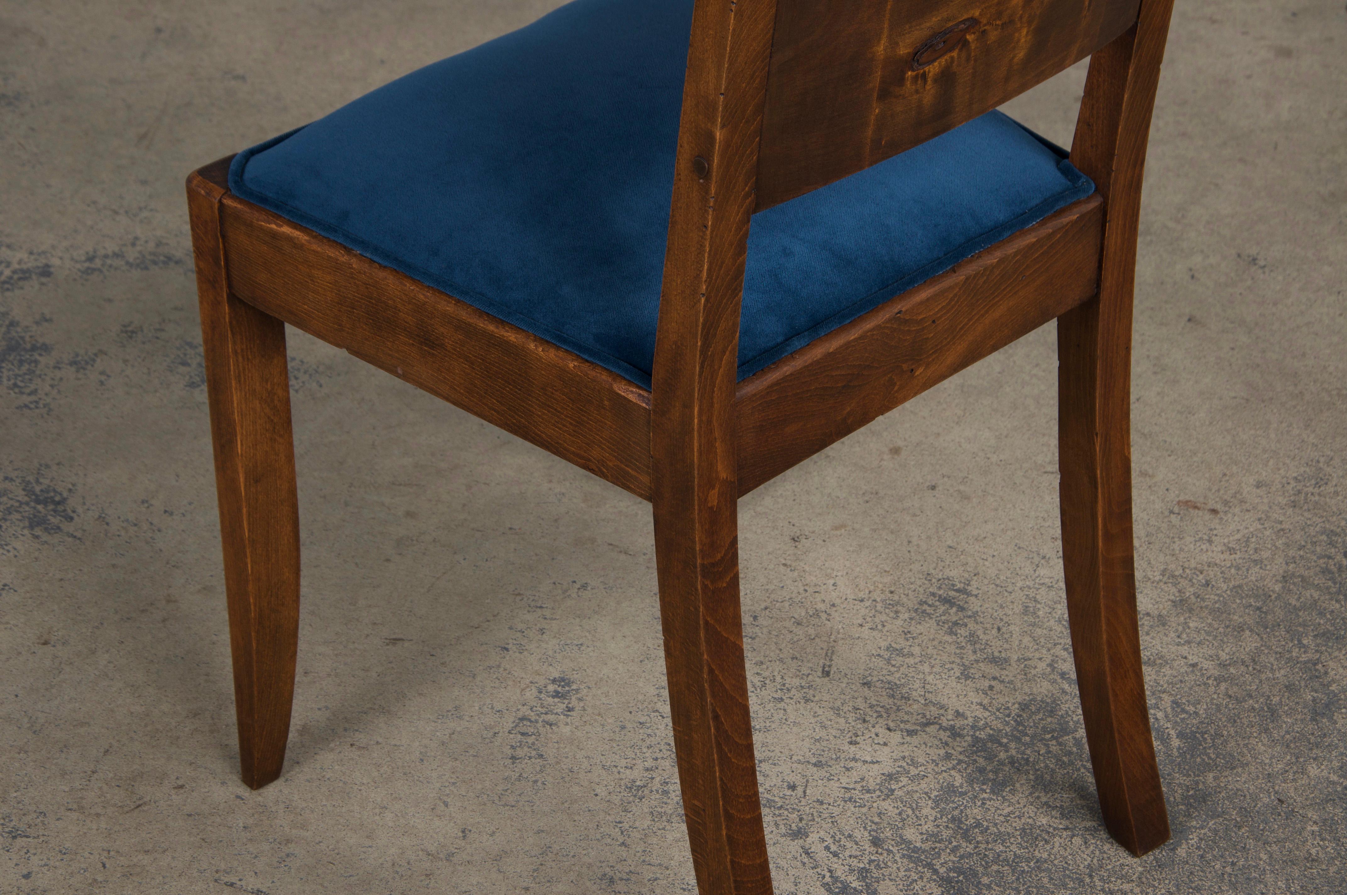 1950s French Art Deco Maple Dining Chairs W/ Dark Blue Velvet - Set of 6 12