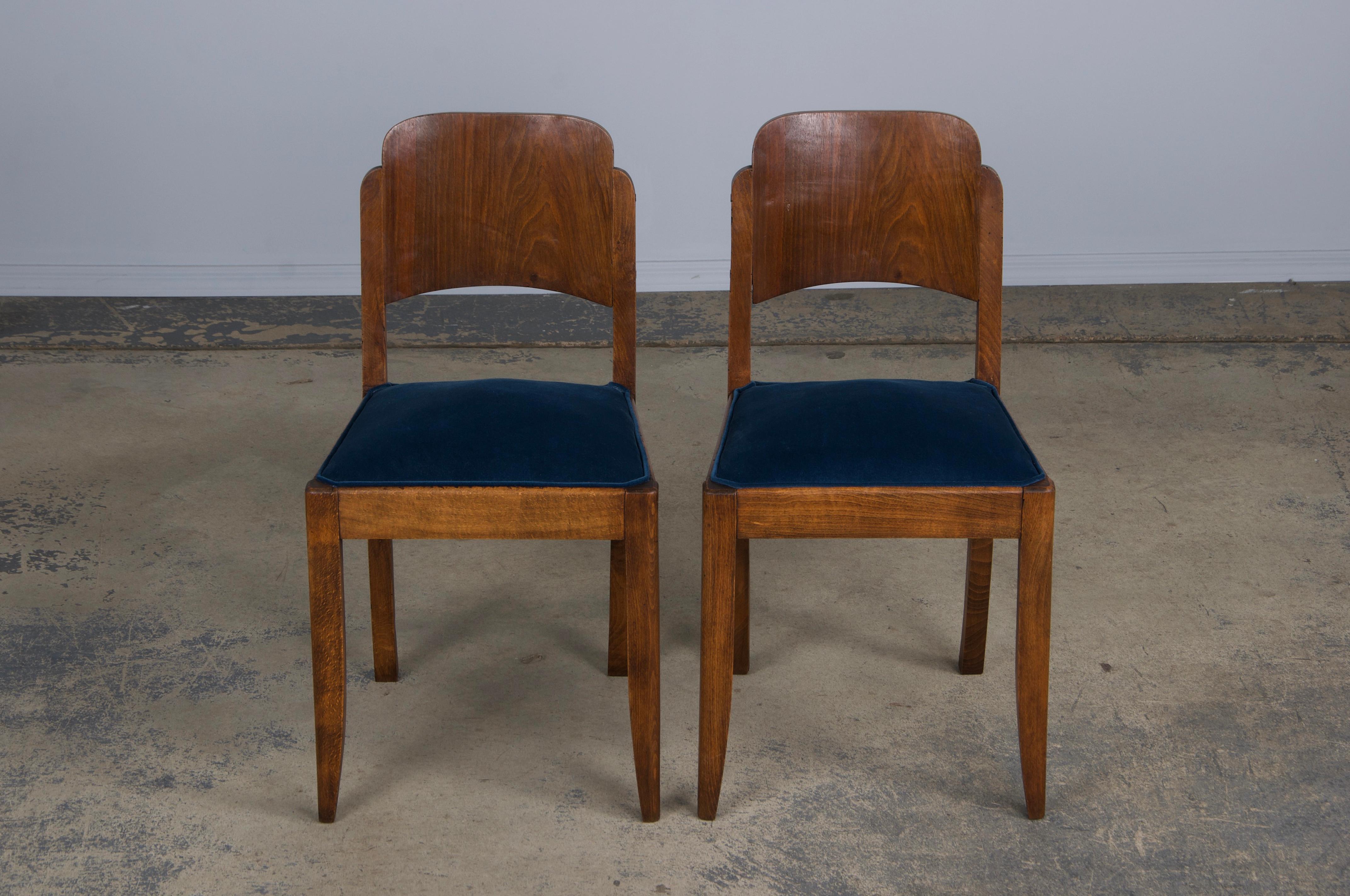 20th Century 1950s French Art Deco Maple Dining Chairs W/ Dark Blue Velvet - Set of 6