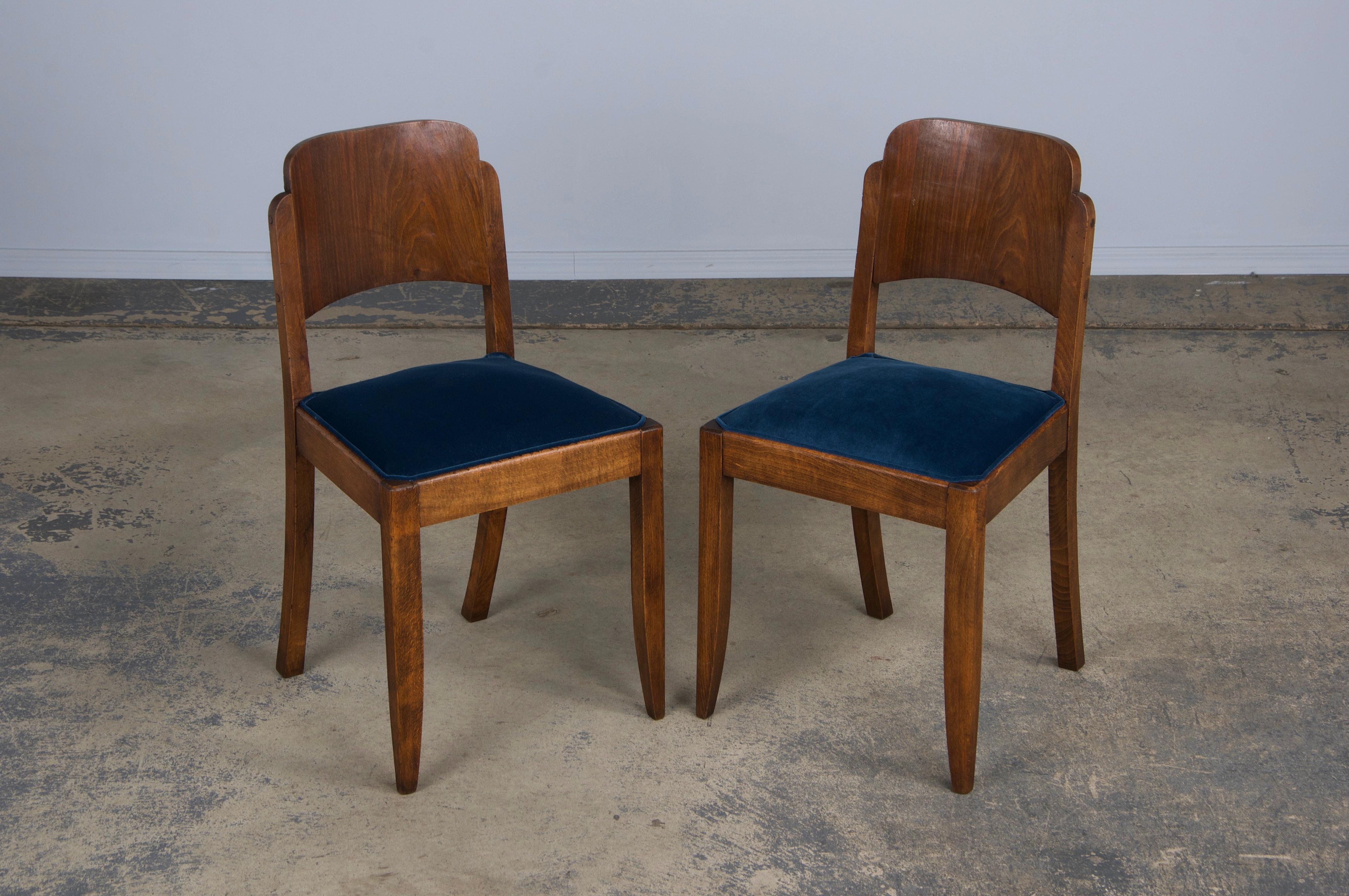 1950s French Art Deco Maple Dining Chairs W/ Dark Blue Velvet - Set of 6 1