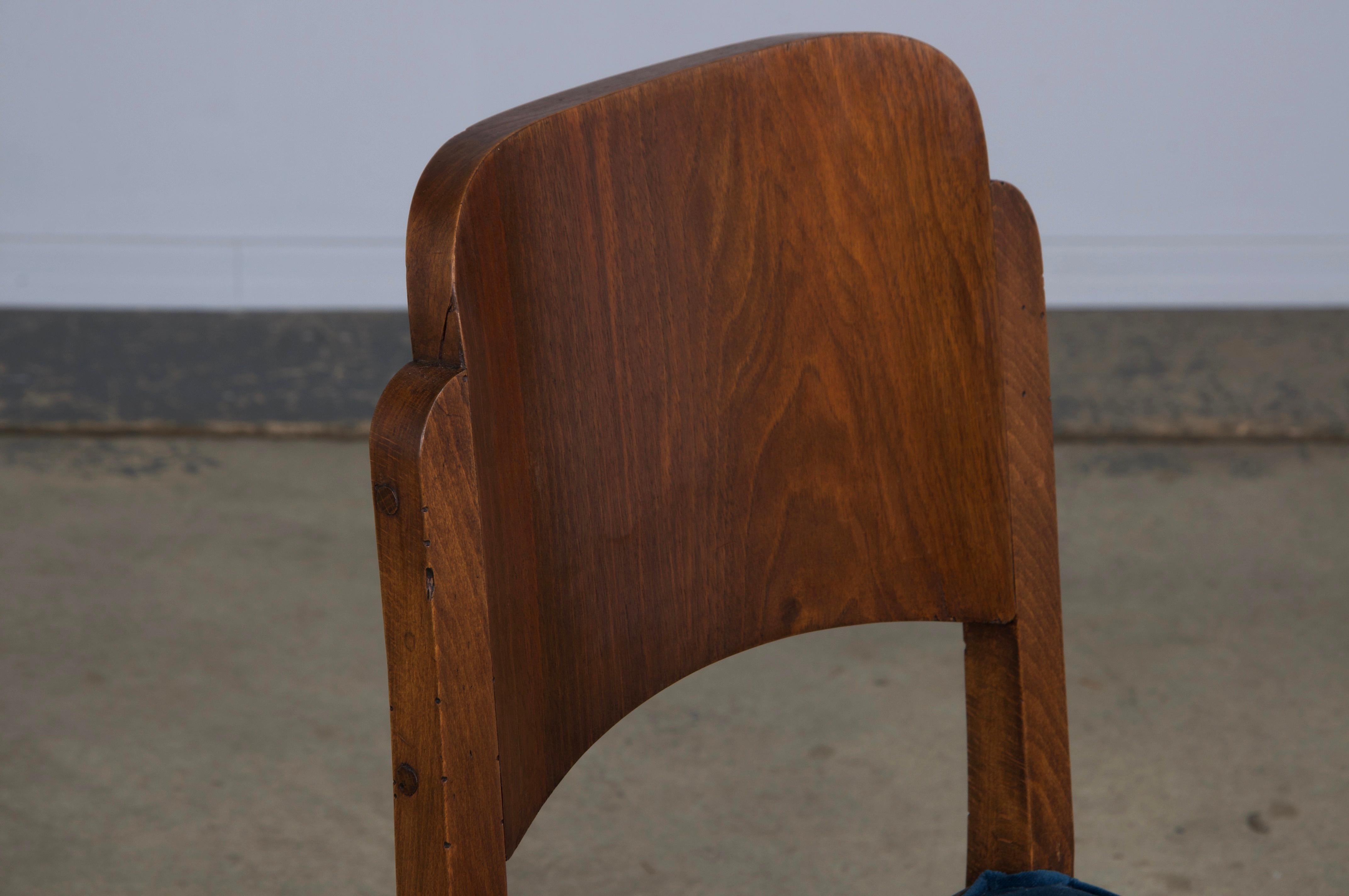 1950s French Art Deco Maple Dining Chairs W/ Dark Blue Velvet - Set of 6 2