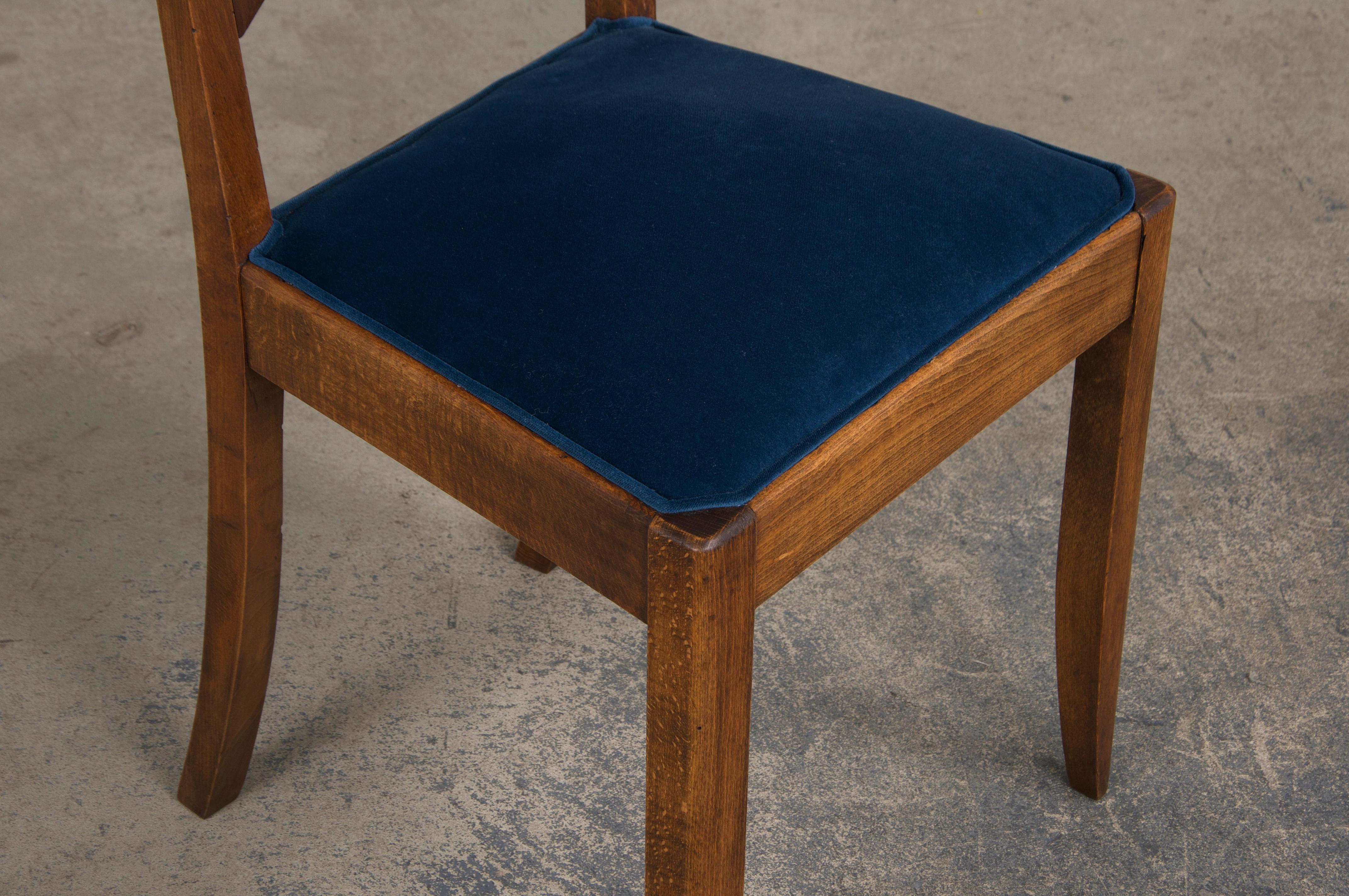 1950s French Art Deco Maple Dining Chairs W/ Dark Blue Velvet - Set of 6 3