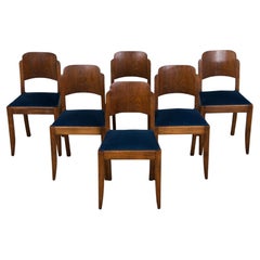 1950s French Art Deco Maple Dining Chairs W/ Dark Blue Velvet - Set of 6