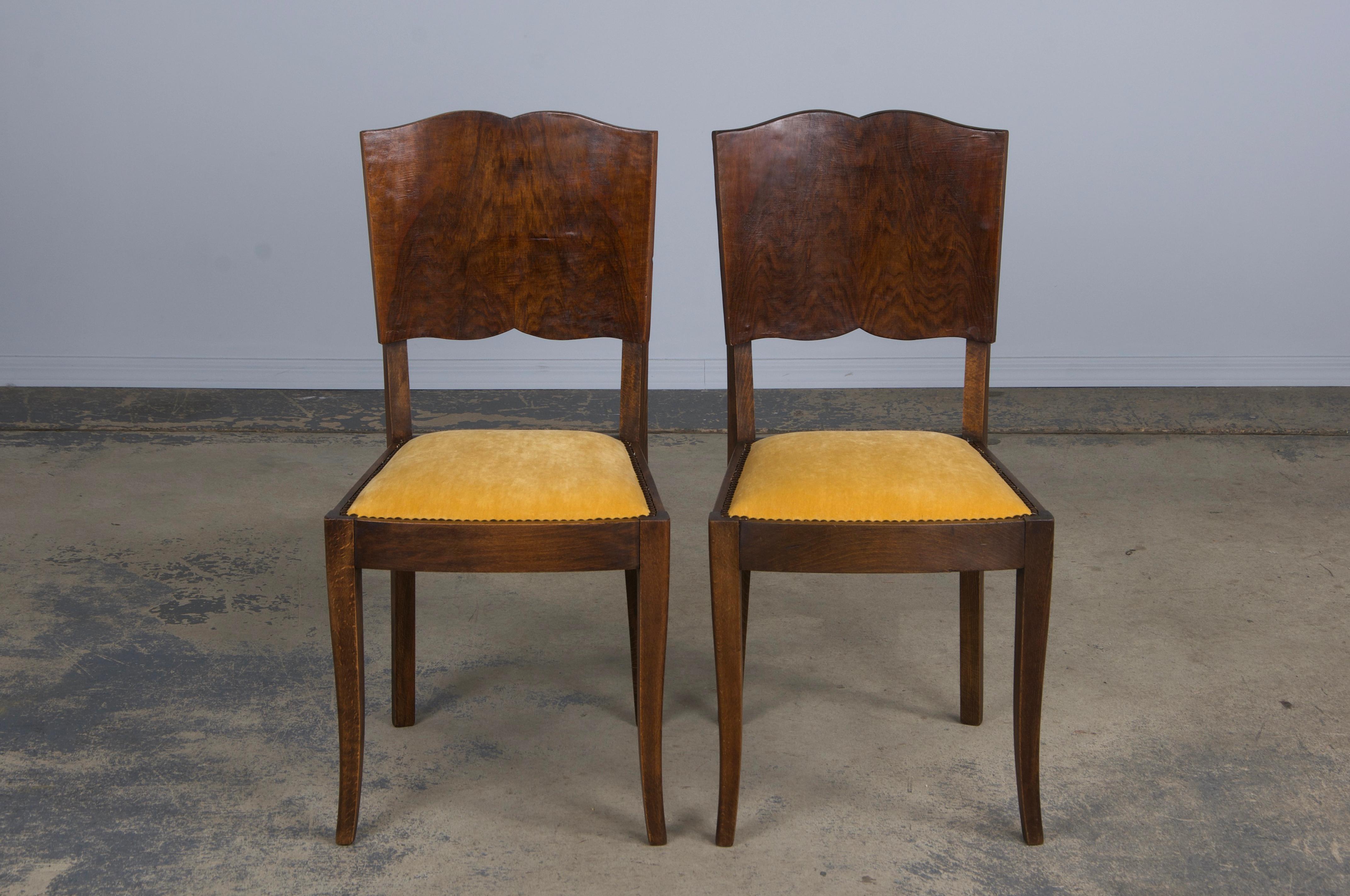 20th Century 1950s French Art Deco Maple Dining Chairs W/ Golden Yellow Velvet - Set of 6 For Sale