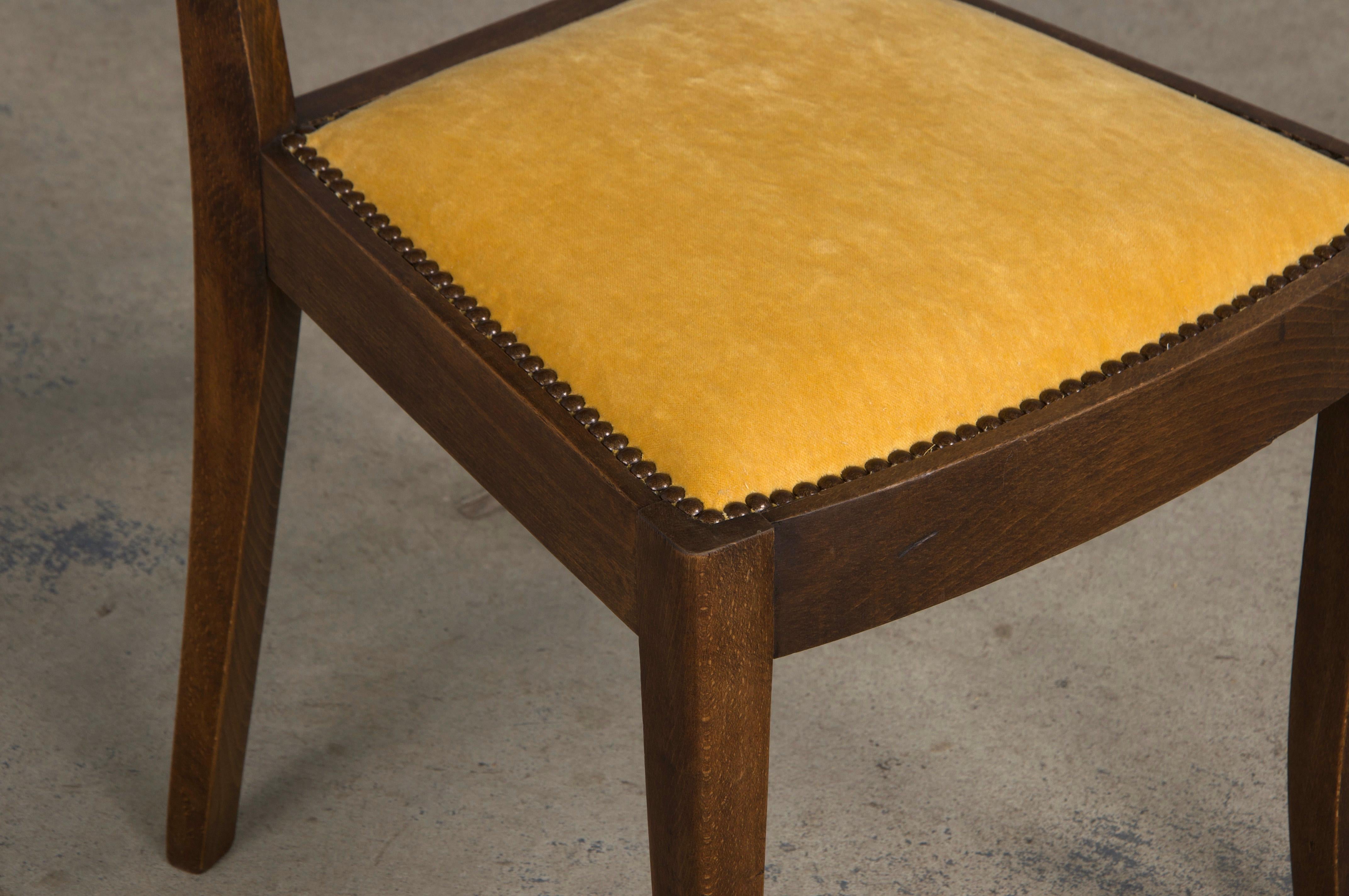 1950s French Art Deco Maple Dining Chairs W/ Golden Yellow Velvet - Set of 6 For Sale 3