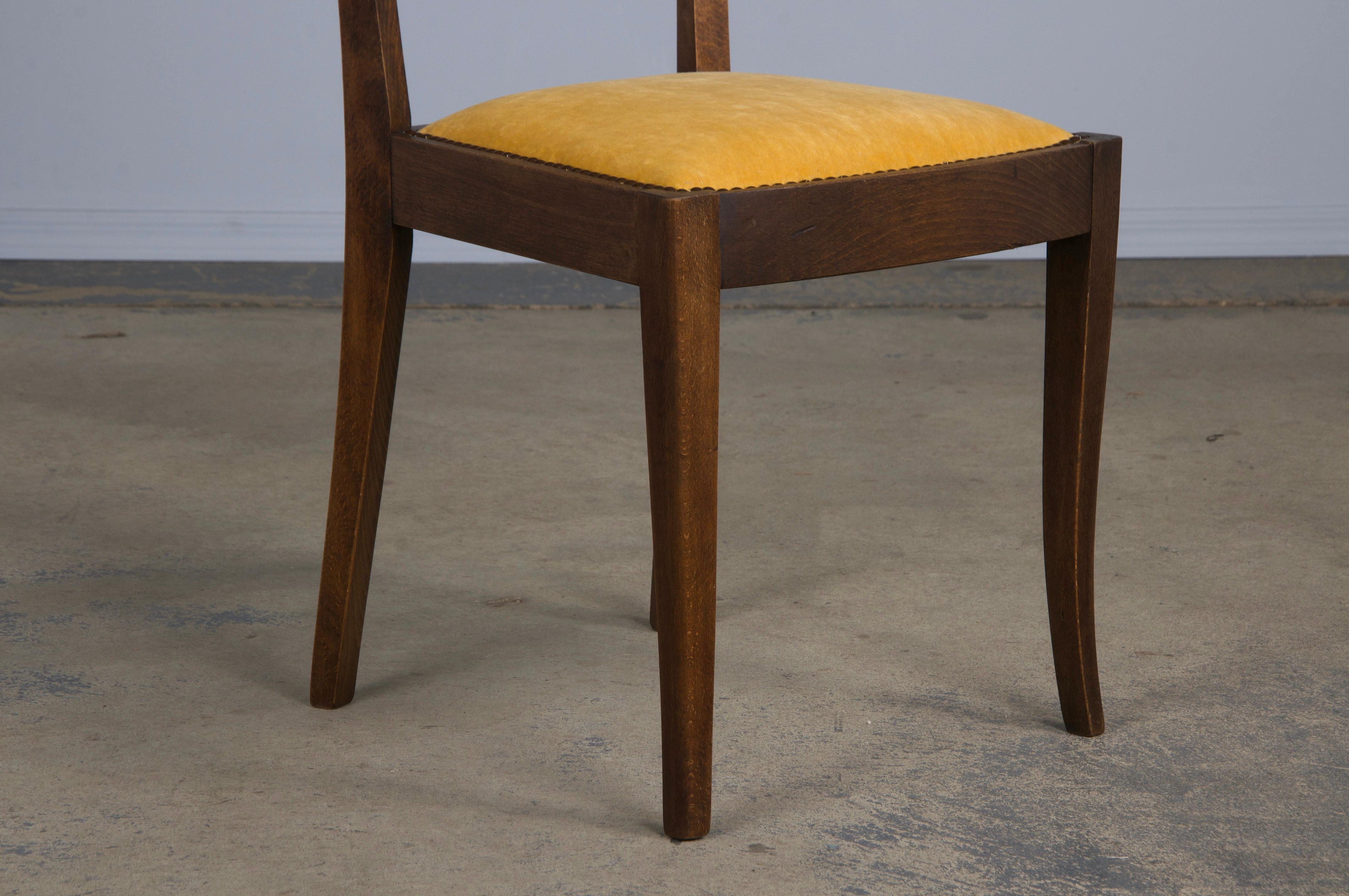 1950s French Art Deco Maple Dining Chairs W/ Golden Yellow Velvet - Set of 6 For Sale 4
