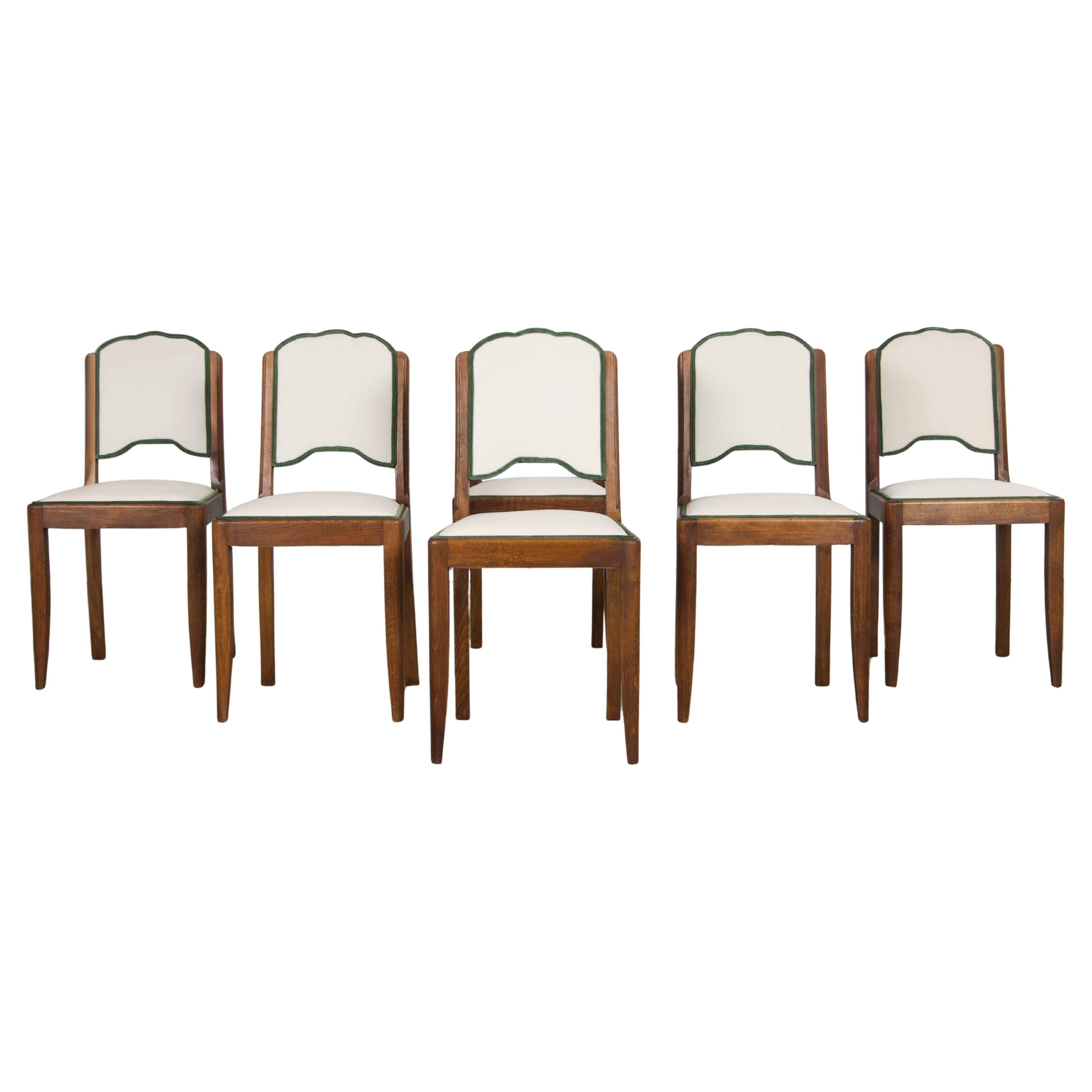 Six 1950s French Art Deco Scalloped Back Maple Dining Chairs in Off-White Velvet