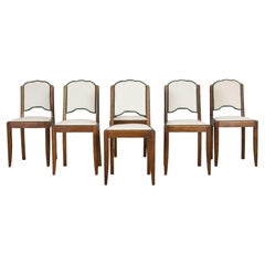 Six 1950s French Art Deco Scalloped Back Maple Dining Chairs in Off-White Velvet
