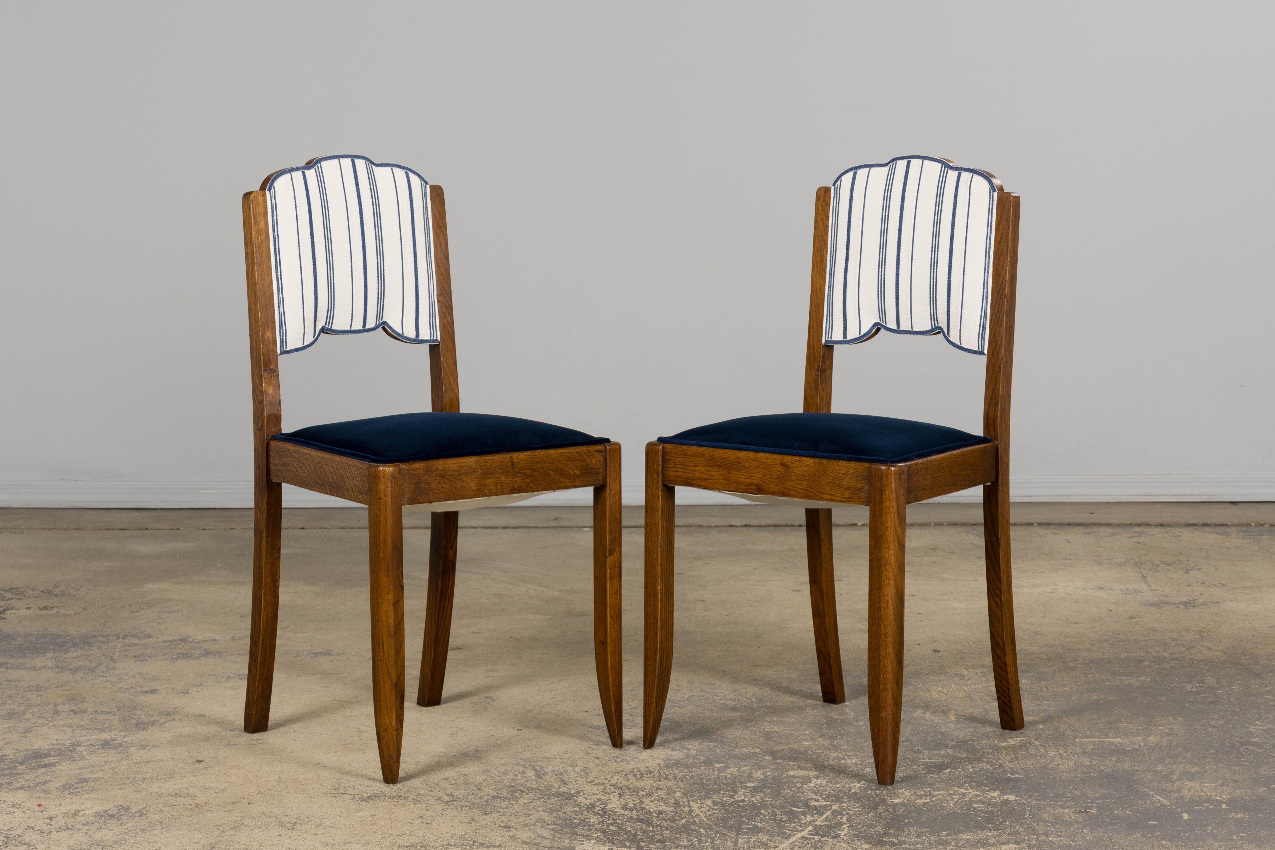 Fabric 1950s French Art Deco Scalloped Back Oak Dining Chairs in Blue- Set of 6 For Sale