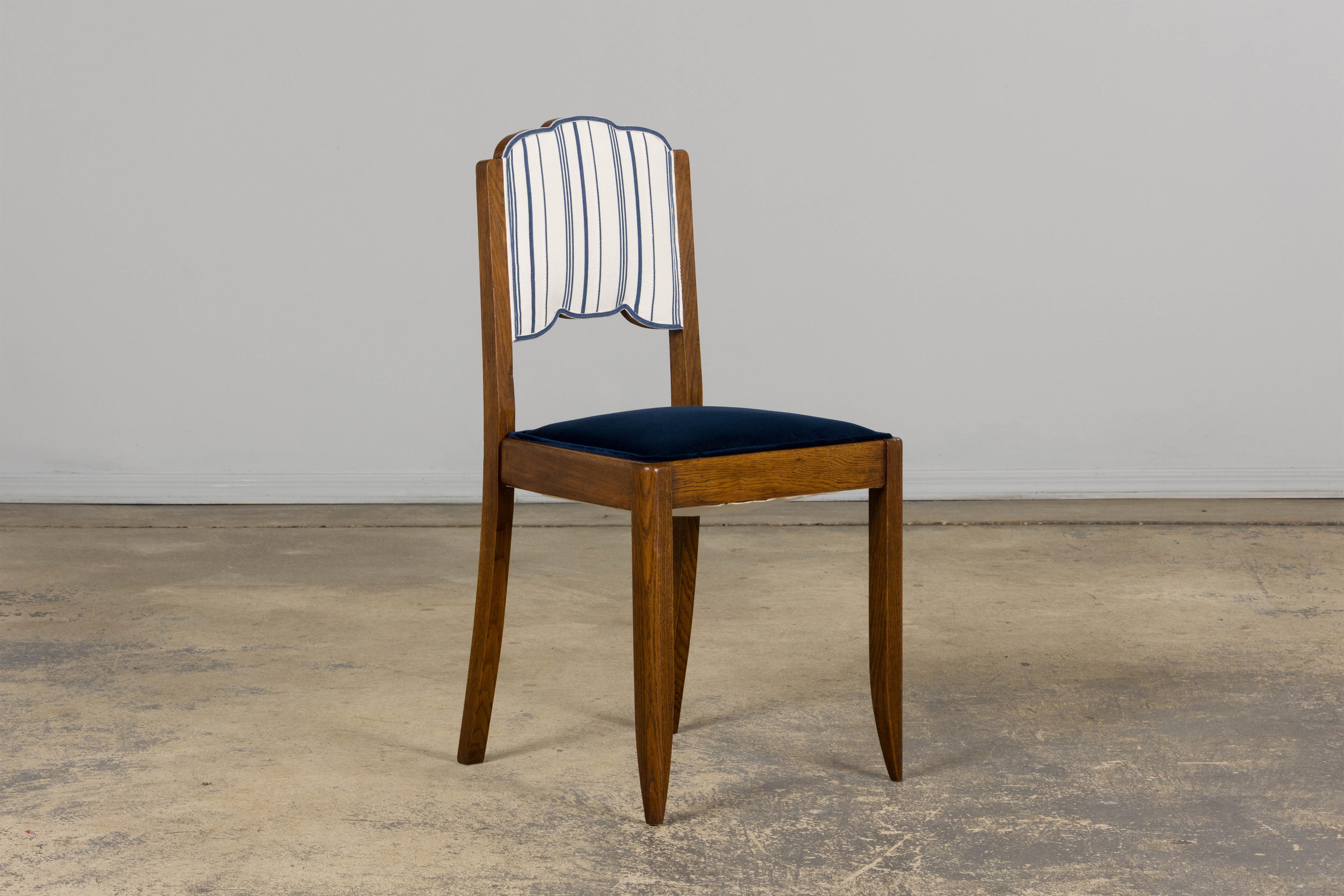 1950s French Art Deco Scalloped Back Oak Dining Chairs in Blue- Set of 6 For Sale 1